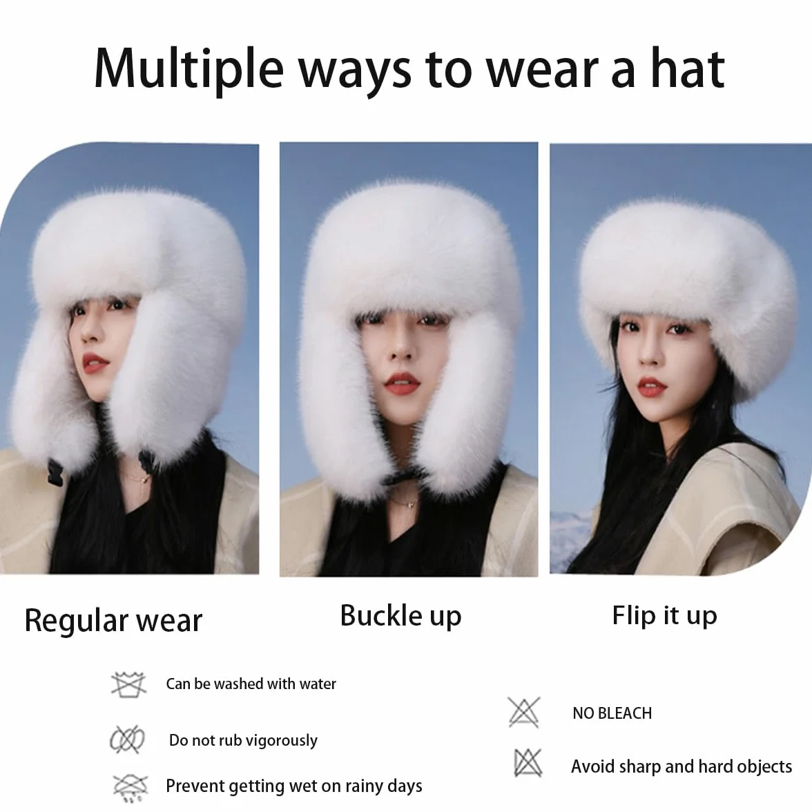 Sombrero de trampero esponjoso para mujer, de pelo largo, de piel sintética, con hebilla, lujoso sombrero cálido de invierno estilo visón