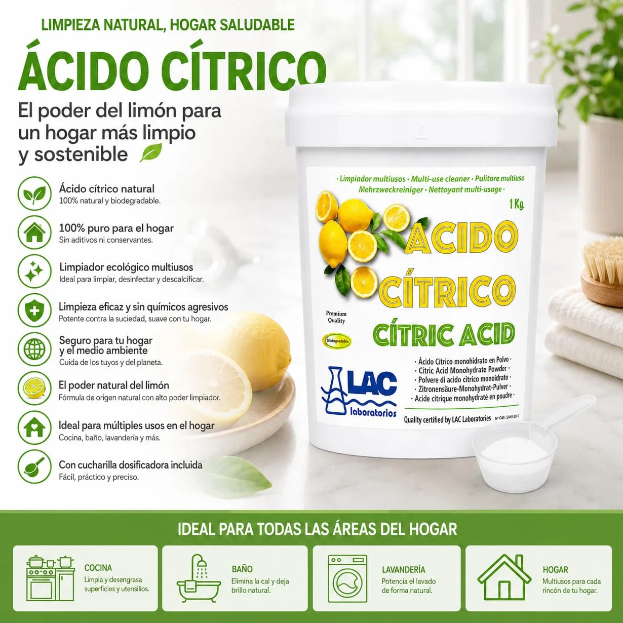 Ácido Cítrico anhidro natural 100% puro 1 kg laboratorios LAC