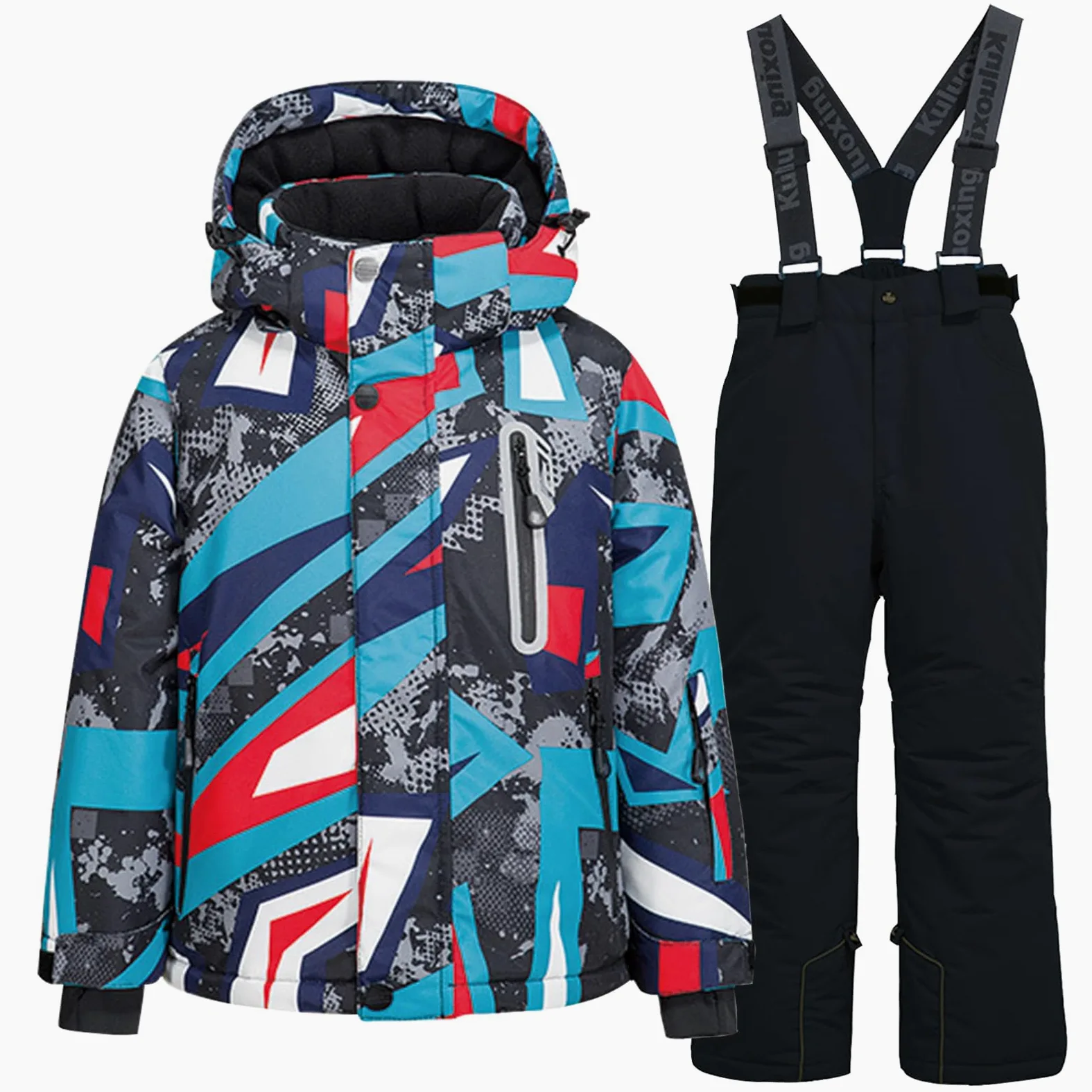 Conjunto de traje de esquí infantil de 2 piezas con capucha, impermeable, resistente al viento, traje de nieve para niños y niñas, chaqueta de esquí cálida y pantalones de esquí, geométricos