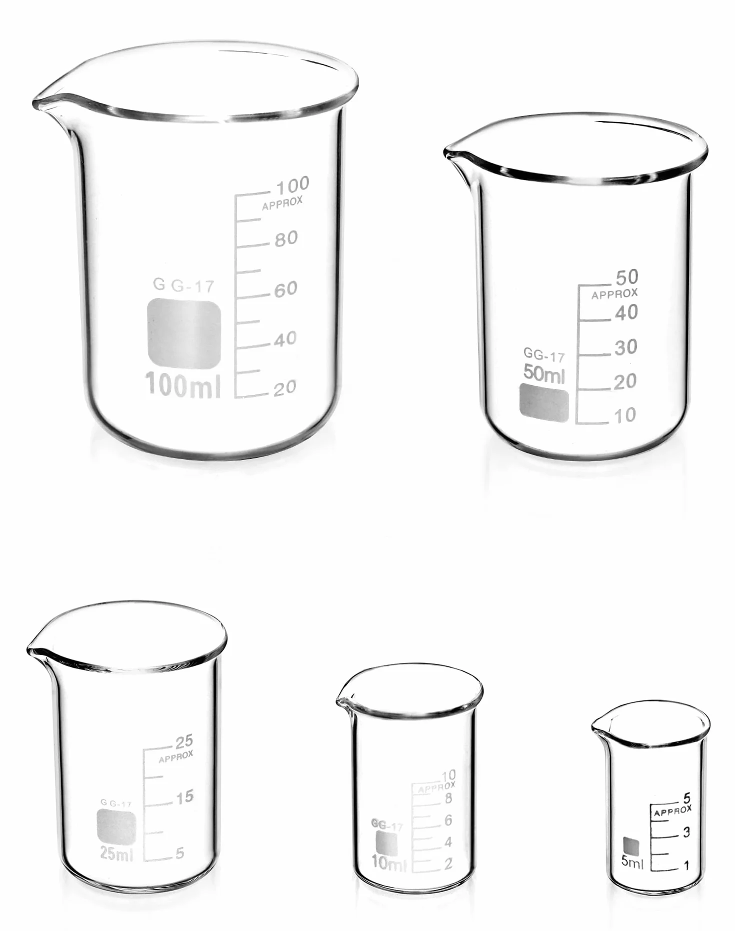 QWORK 5 Piezas Vaso de Precipitados Graduado de Vidrio Borosilicato 3.3, 5ml 10ml 25ml 50ml 100ml