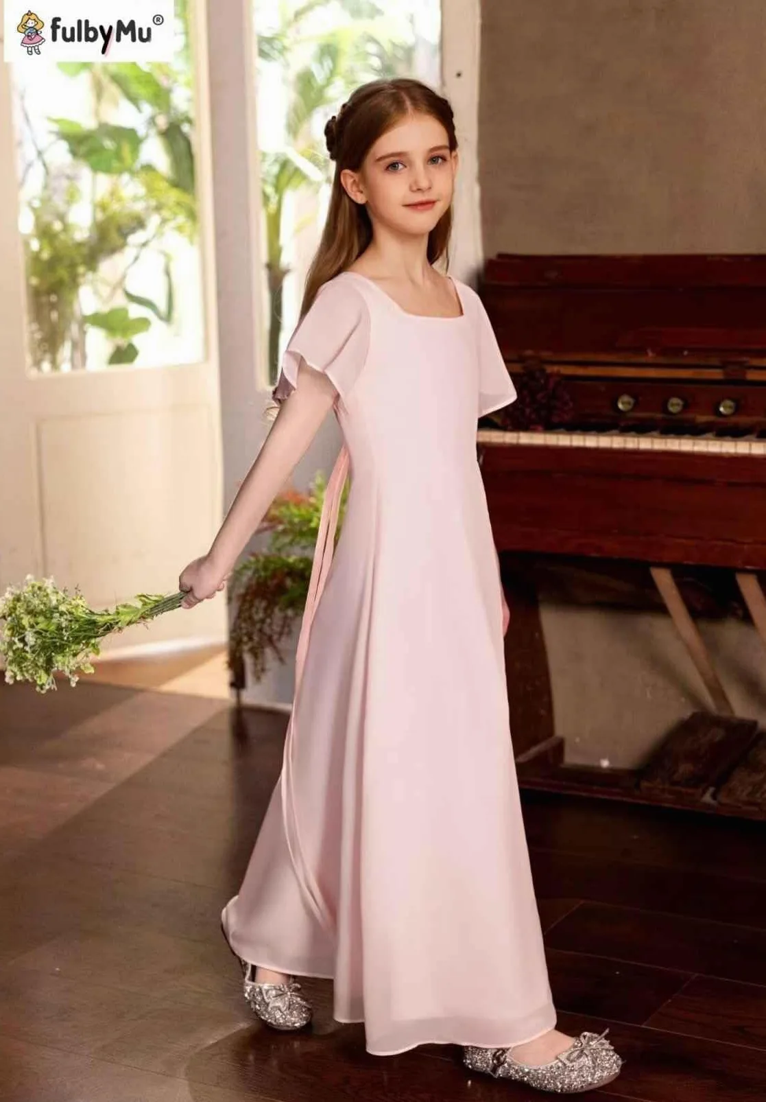 Vestidos de dama de honor de manga corta para niñas, vestido de fiesta formal, vestido largo con abertura baja, Azul (Dusty Blue), 12