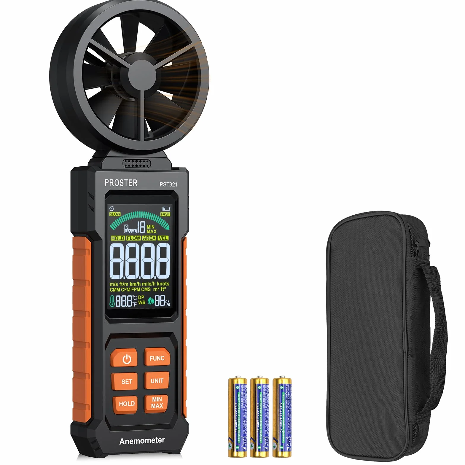 Proster Anemómetro Portátil Medidor de Velocidad del Viento Digital con CMM CFM Flujo de Aire y Temperatura