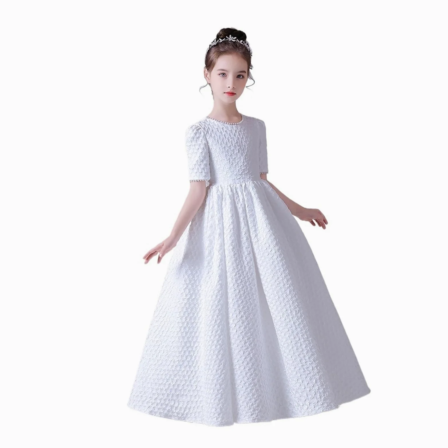 Falda abombada Blanca, Elegante Vestido de Flores for niñas, for Fiesta de Boda, Manga Corta, Concierto, Vestido de Dama de Honor Junior para Bodas(6)