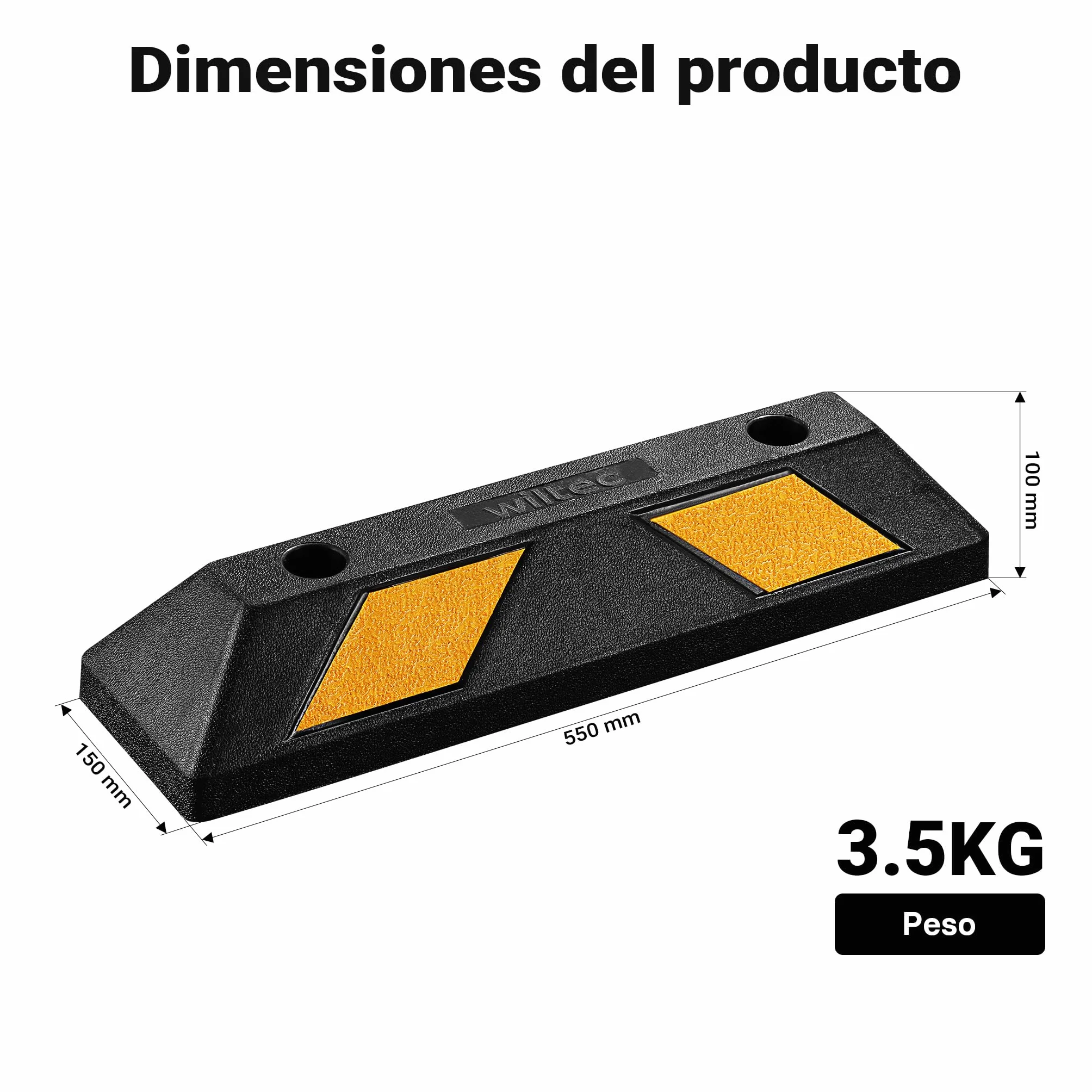 Wiltec Juego 2 topes de aparcamiento 55 x 15 x 10 cm caucho con bandas reflectoras