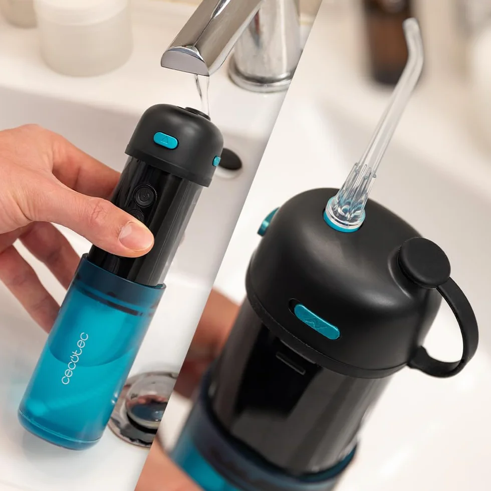 Cecotec Irrigador Dental Portátil Toothcare Jet Splash, 3 Modos 8 Intensidades, 150ml, 2 Boquillas, IPX7 Impermeable