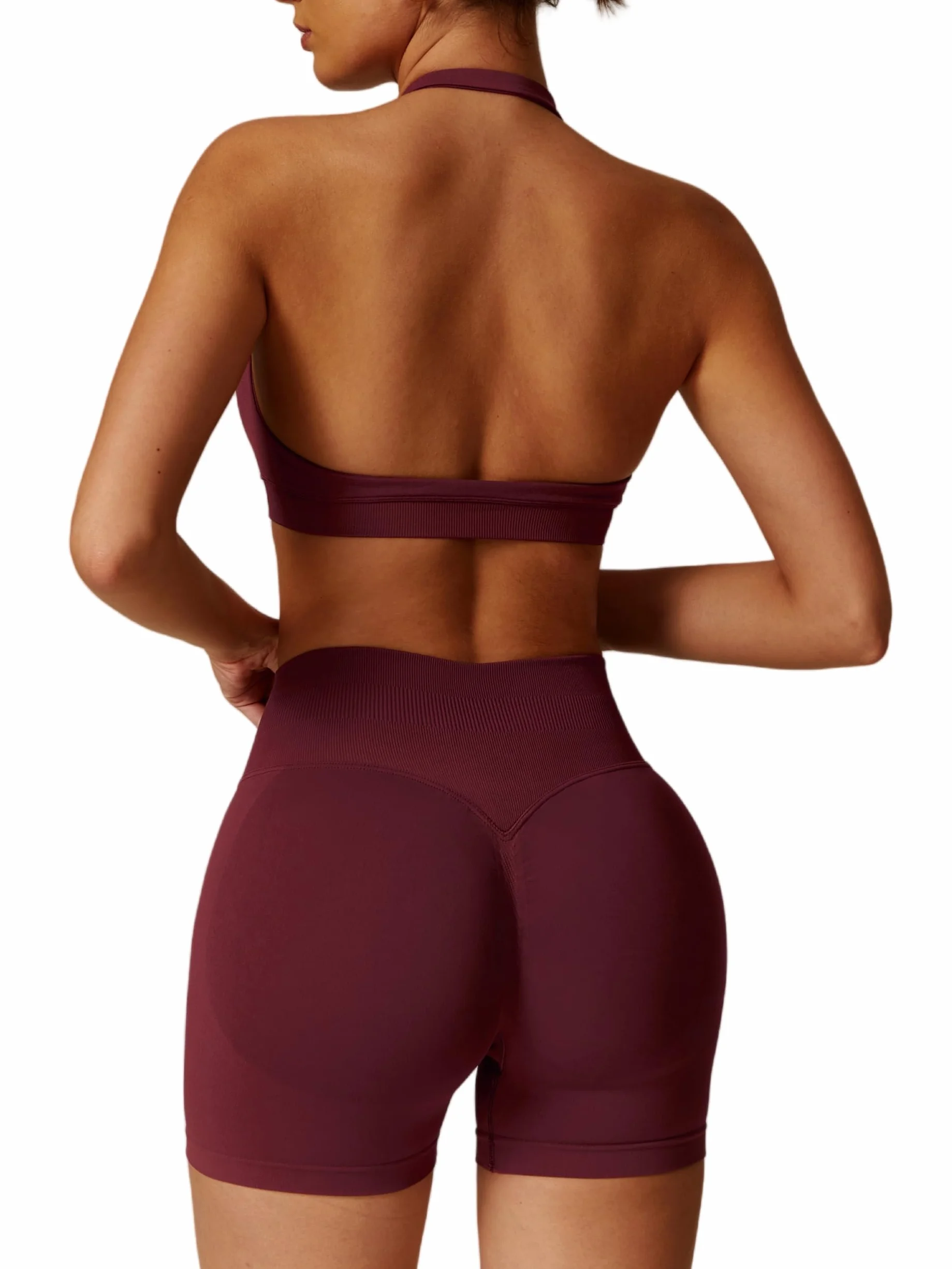 ABOCIW Conjunto de entrenamiento sin costuras para mujer, 2 piezas, brasier deportivo con tirantes halter, pantalones cortos para gimnasio, yoga