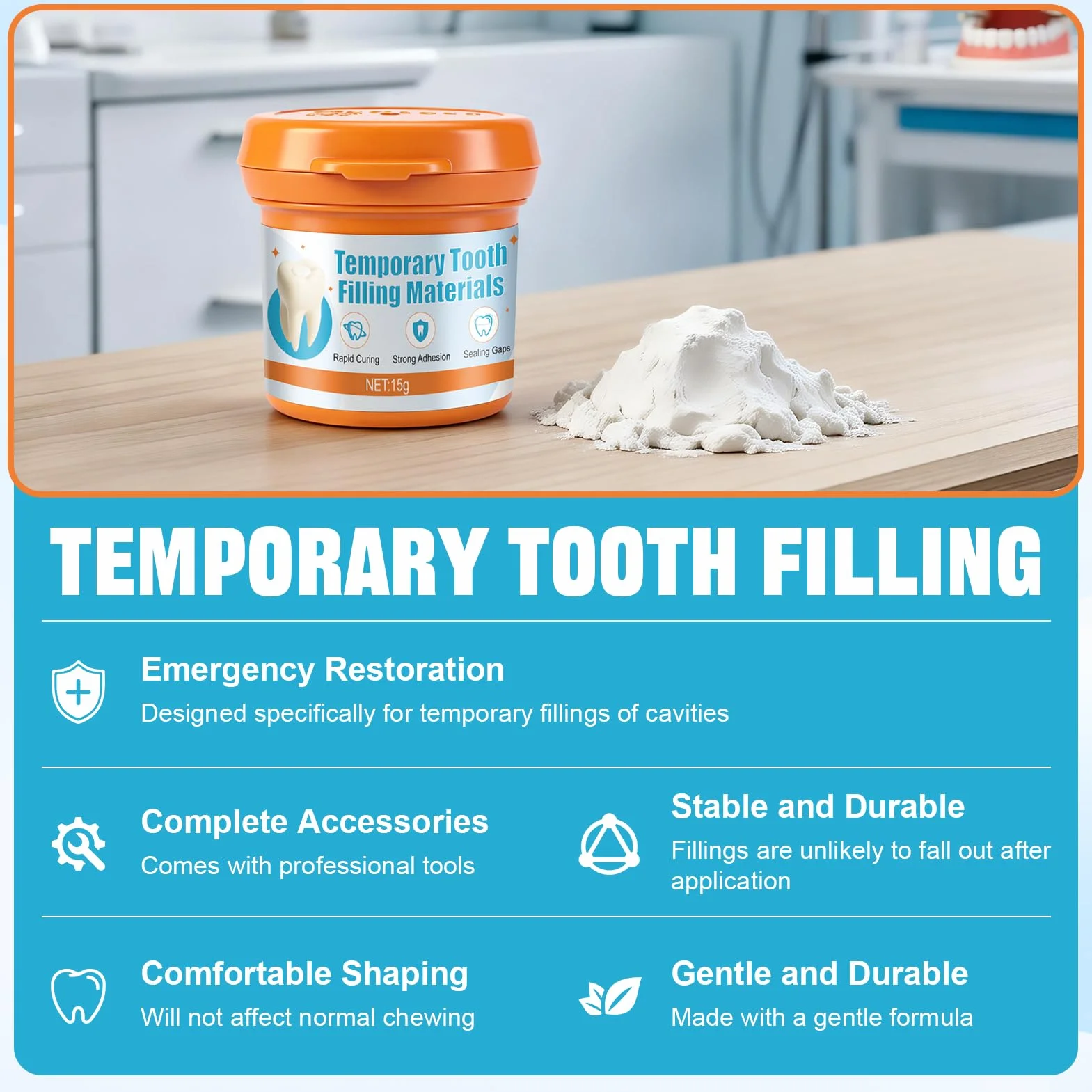 Empaste Dental Profesional, Cemento Dental para Relleno Temporal de Caries y Restauración de Emergencia, 15g