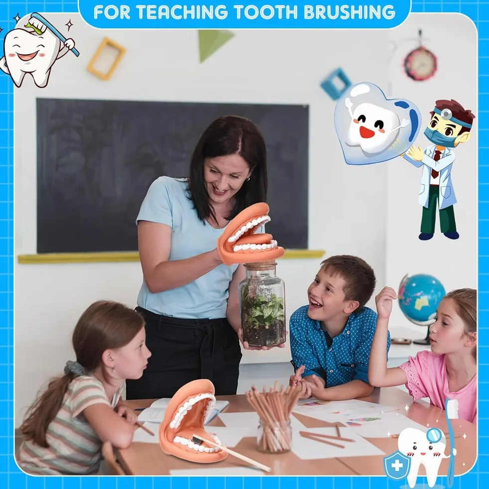 Maniquí boca con lengua y dientes, marioneta de mano, modelo dental con cepillo, herramienta de aprendizaje