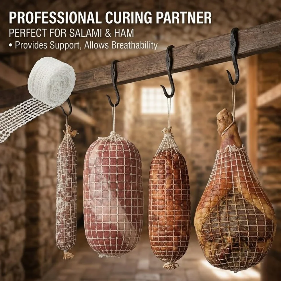 Rollo de Malla para Carne Elástica 2m 16 Huecos Red de Algodón para Asado Jamón Embutido Secado Ahumado Resistente al Calor