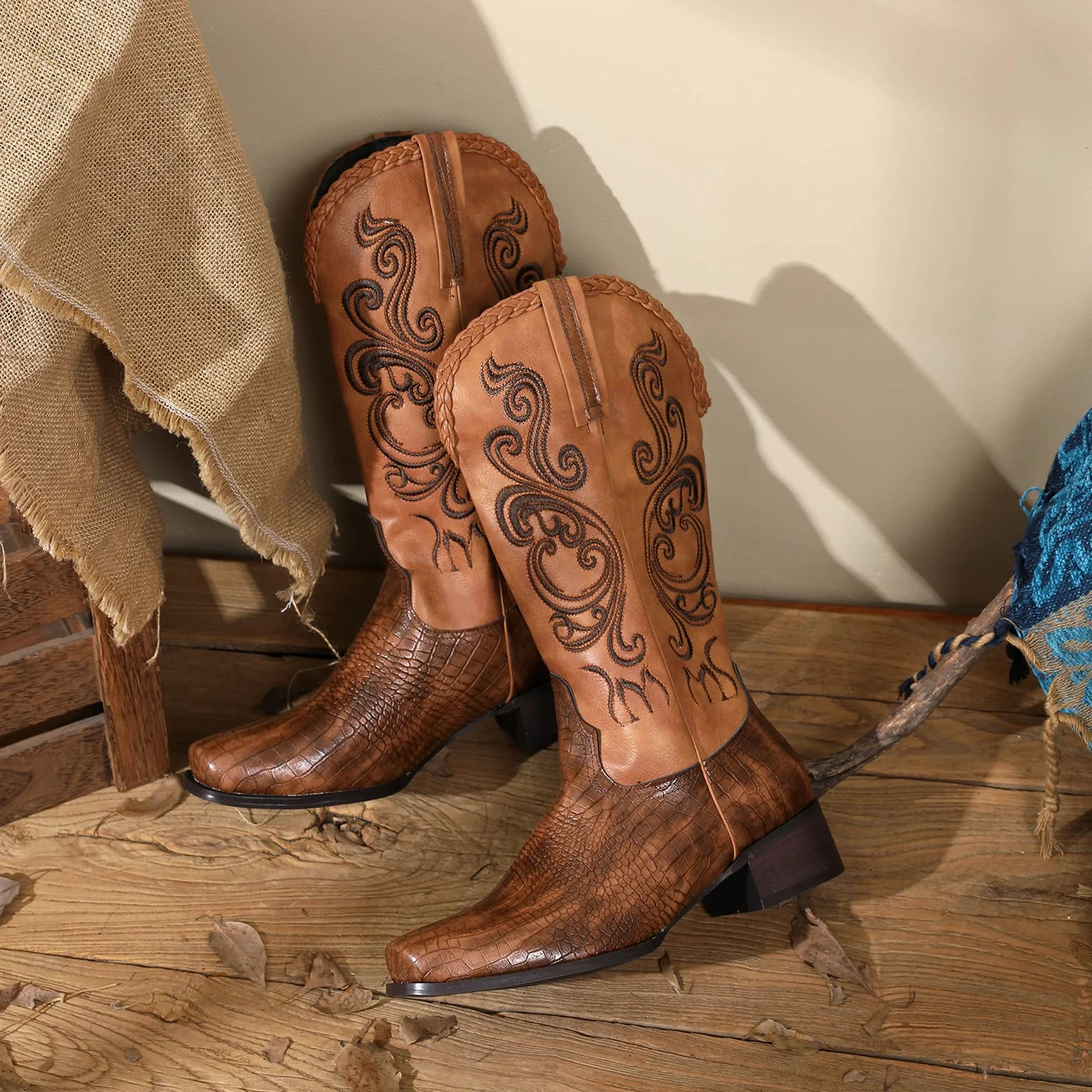 Lizoleor Botas Hasta la Rodilla de Mujer Punta Cuadrado Vaqueras Occidentales Clasico Bordado