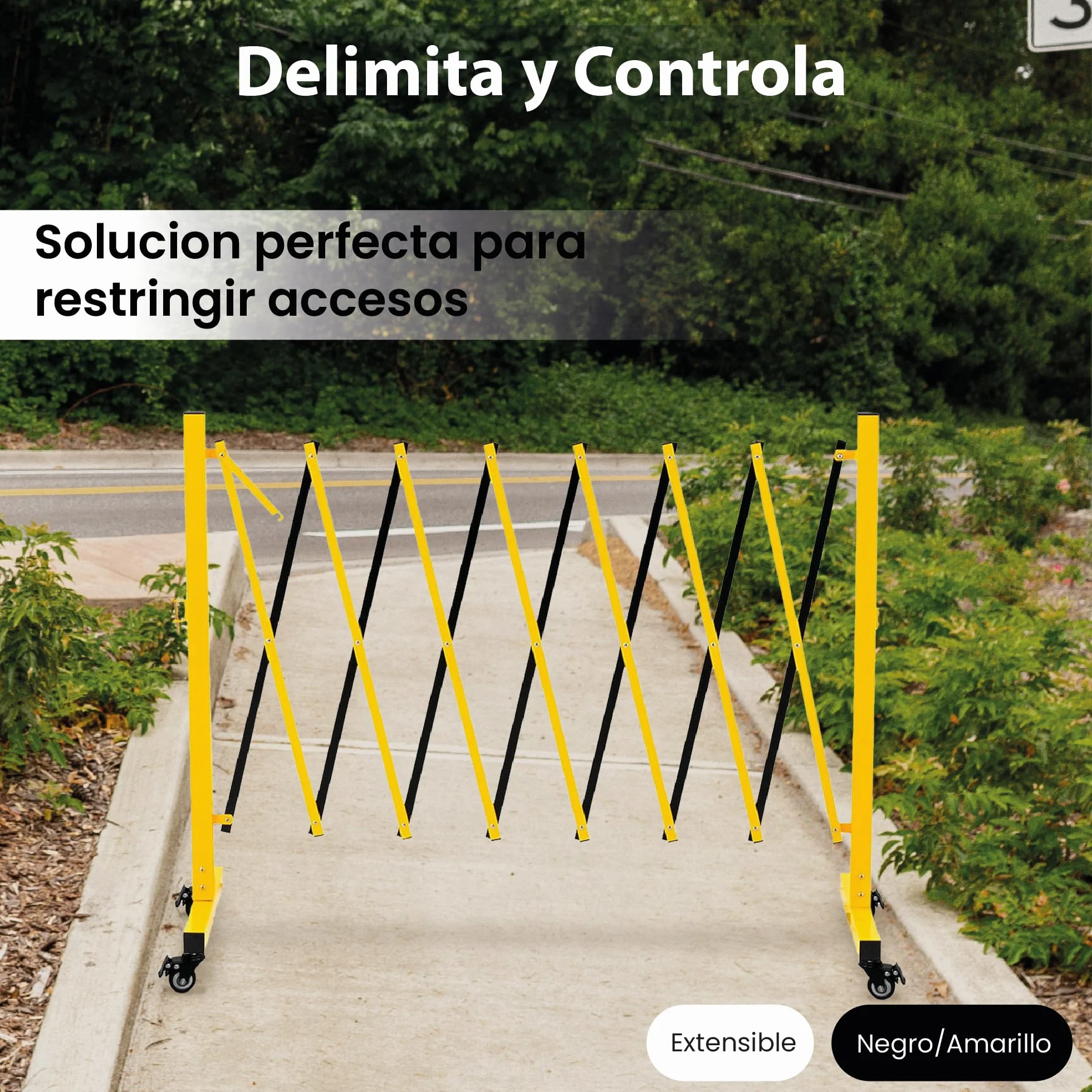 Barricada Extensible 3m con Ruedas Freno Vallas Obra Barrera Metálica Portátil Seguridad Construcción Negro/Amarillo