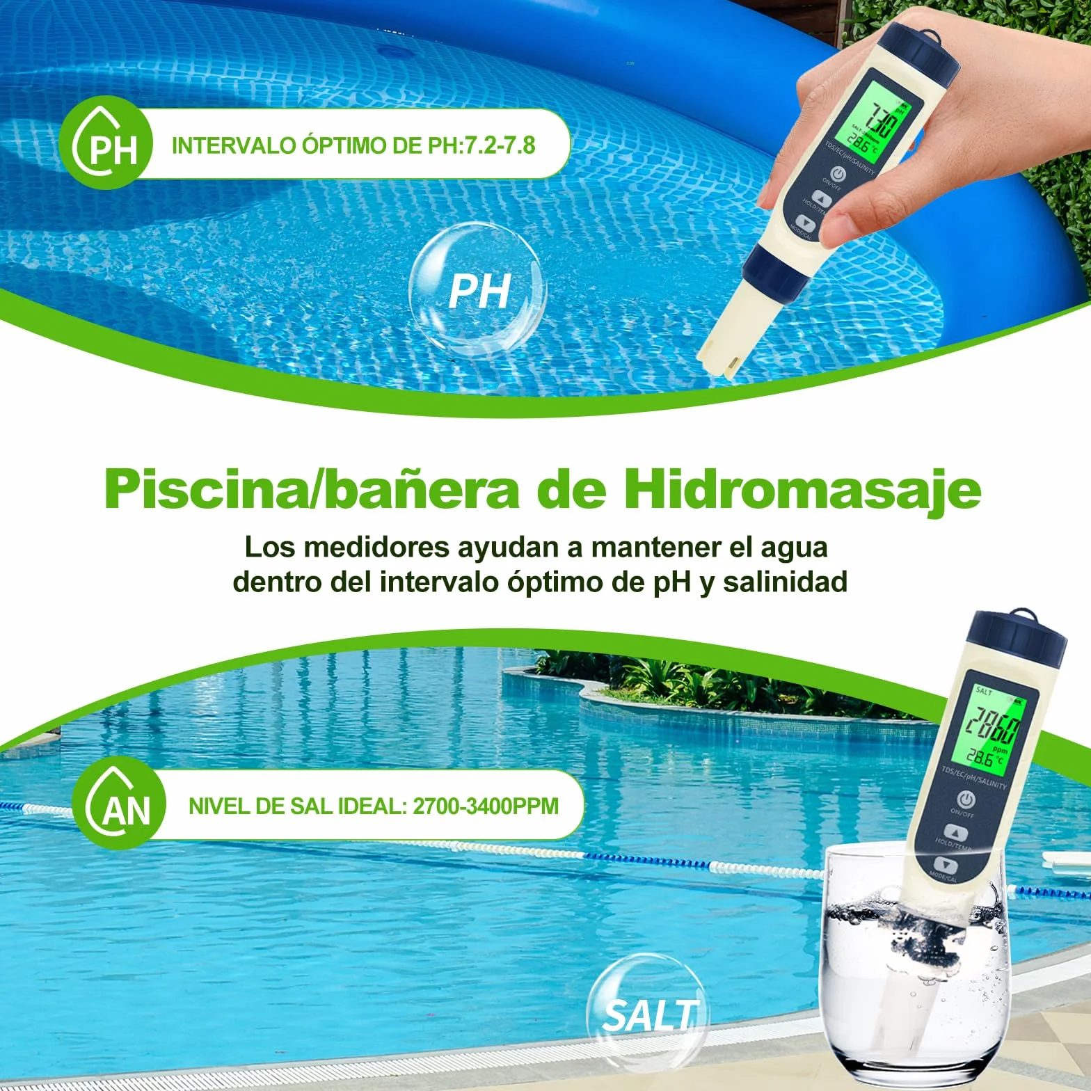 Pious Medidor PH 5 en 1 PH/TDS/CE/Salinidad/Termómetro con Pantalla LCD Alta Precisión para Hidropónica Piscinas