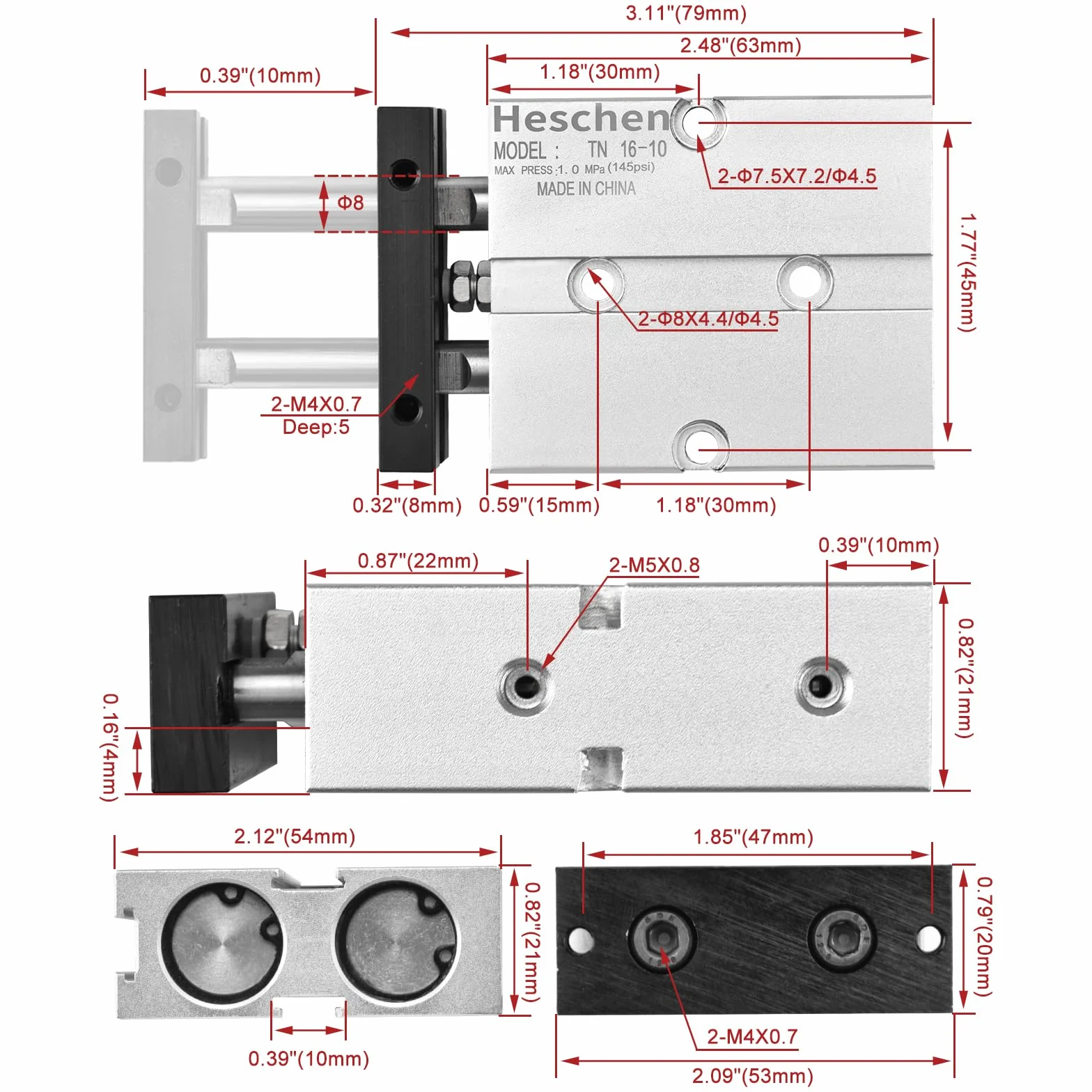 Heschen Cilindro neumático TN16-10 TDA16-10 doble efecto aluminio 16 mm 10 mm imán