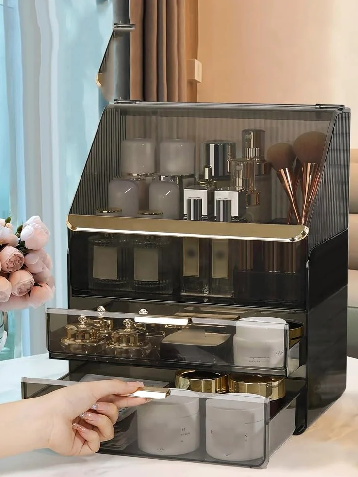 Caja organizadora de maquillaje, vitrinas acrílicas para cosméticos con 2 cajones y caja de almacenamiento de gran capacidad para el cuidado de la piel, organizadores de maquillaje y almacenamiento