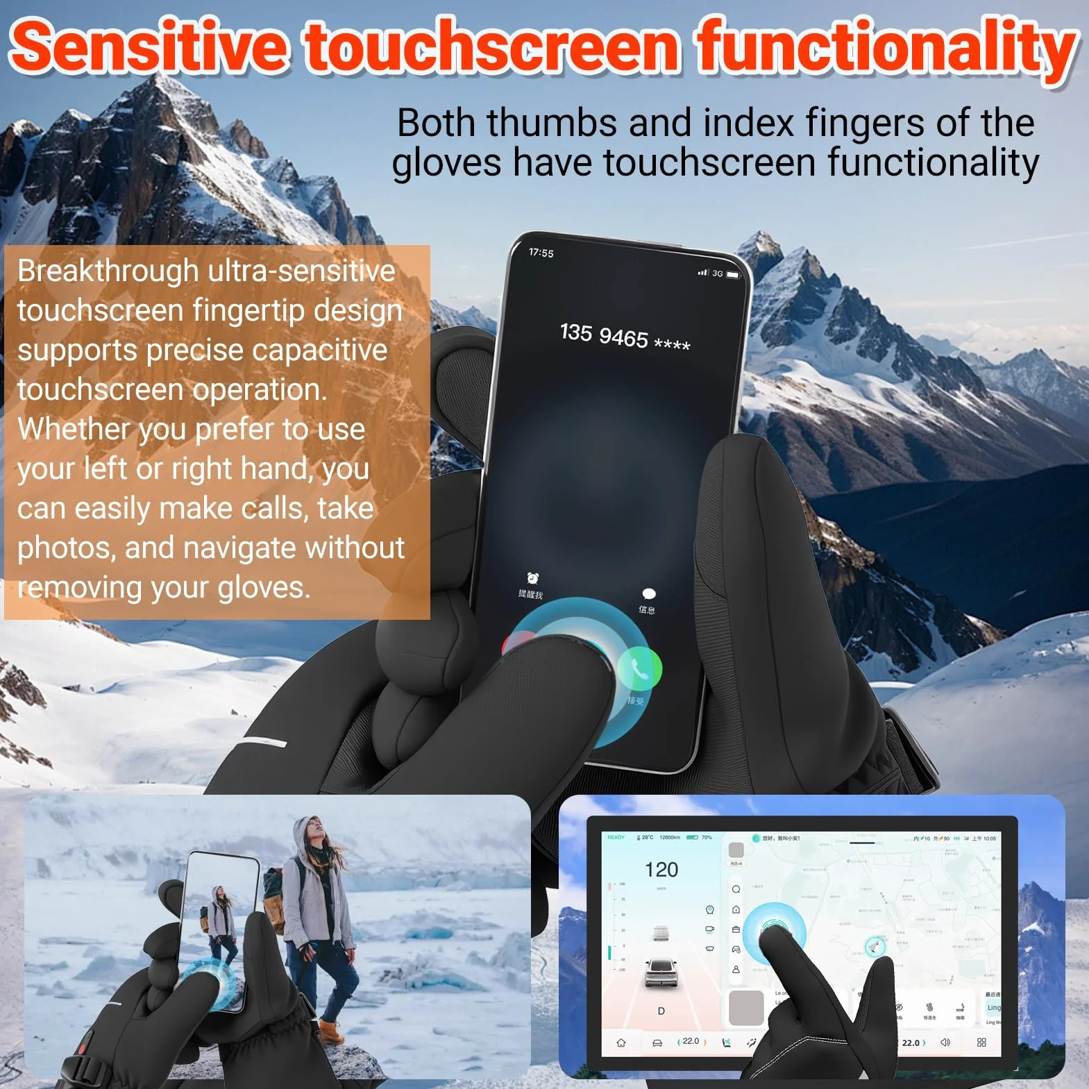 20000mAh Guantes Calefactables para Hombre y Mujere, 7.4V Rápido Calentamiento Guantes Calientes Recargables, 3 Temperaturas, Pantalla Táctil, Impermeable, Antideslizante, Adecuado para el Invierno
