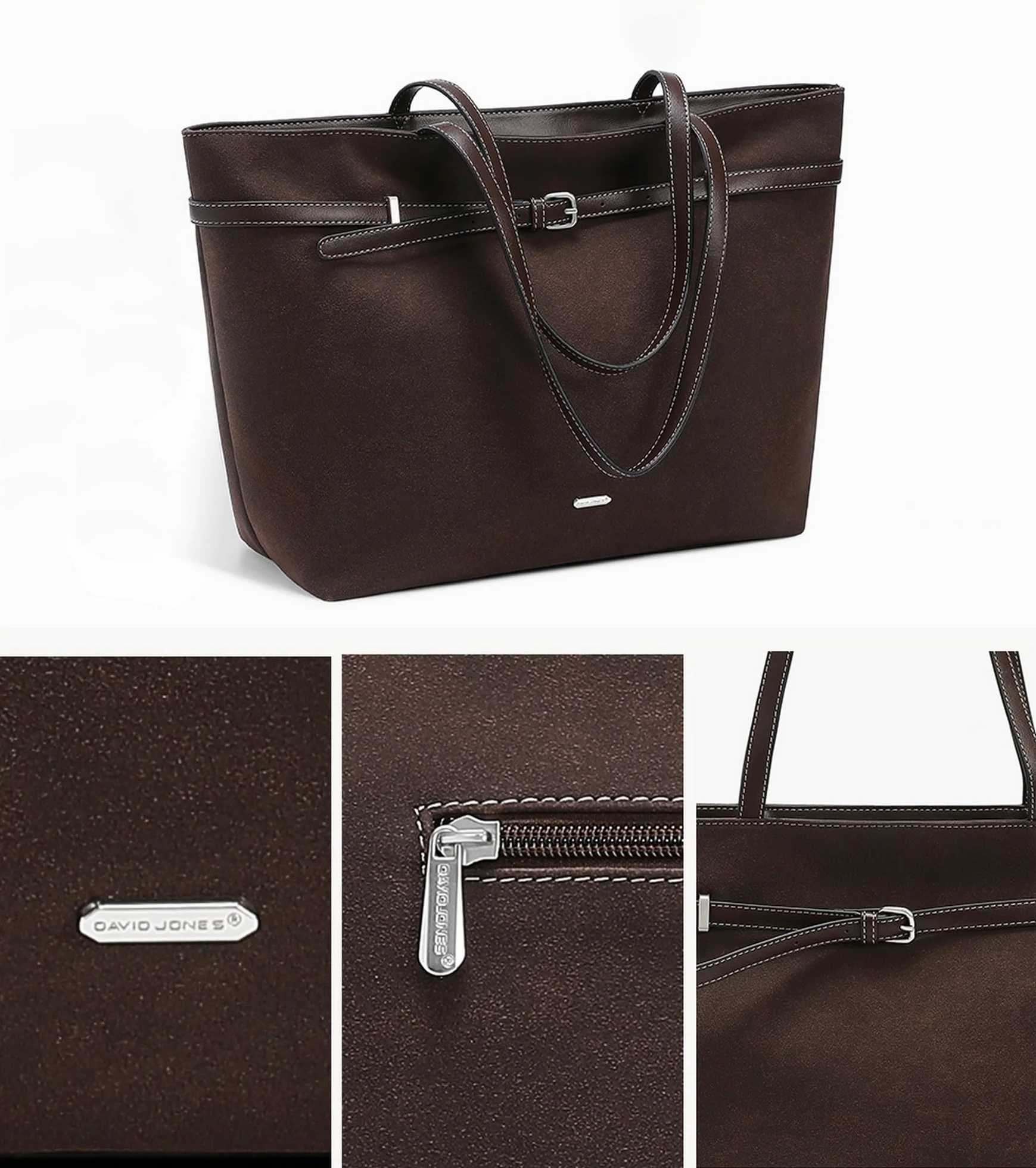 David Jones – Bolso de mano para mujer ante de gran tamaño – Bolso de mano para el hombro durante la escuela secundaria de trabajo – Bolso de mano de ante flexible – Shopper de gran capacidad A4 asas