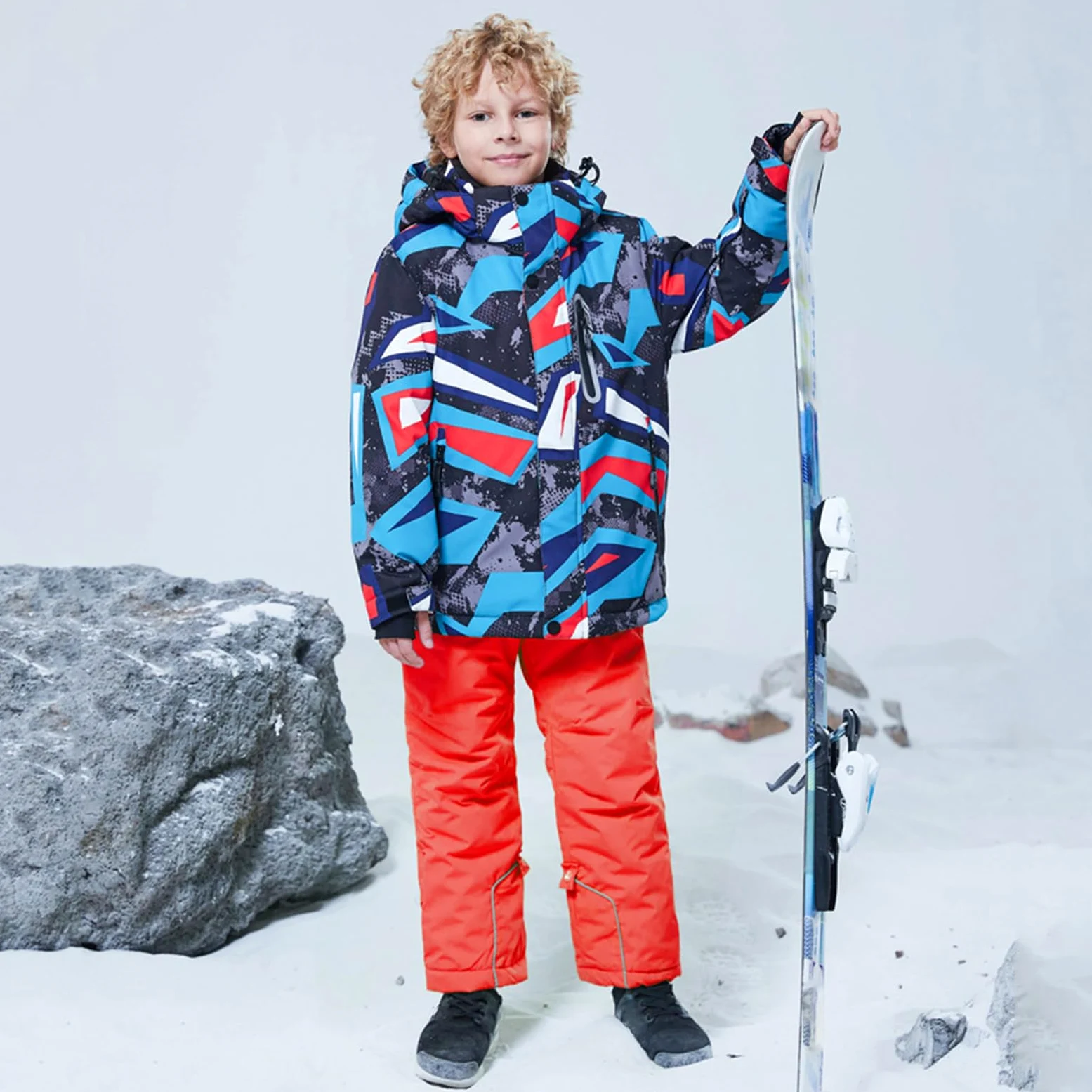 Conjunto de traje de esquí infantil de 2 piezas con capucha, traje de nieve impermeable a prueba de viento para niños y niñas, chaqueta de esquí cálida y pantalones de esquí, geométricos +