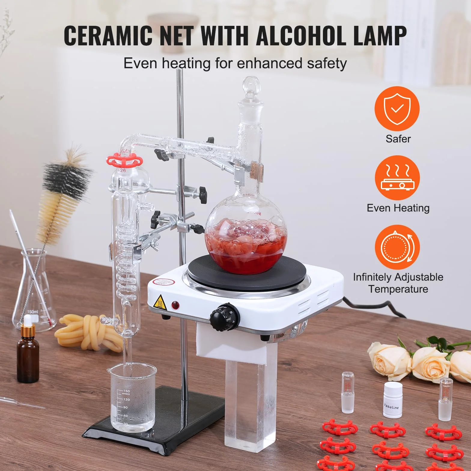 VEVOR Kit de destilación de aceite esencial de 33 piezas, 500 ml, Boro 3.3, placa calefactora 1000 W, junta 24/40