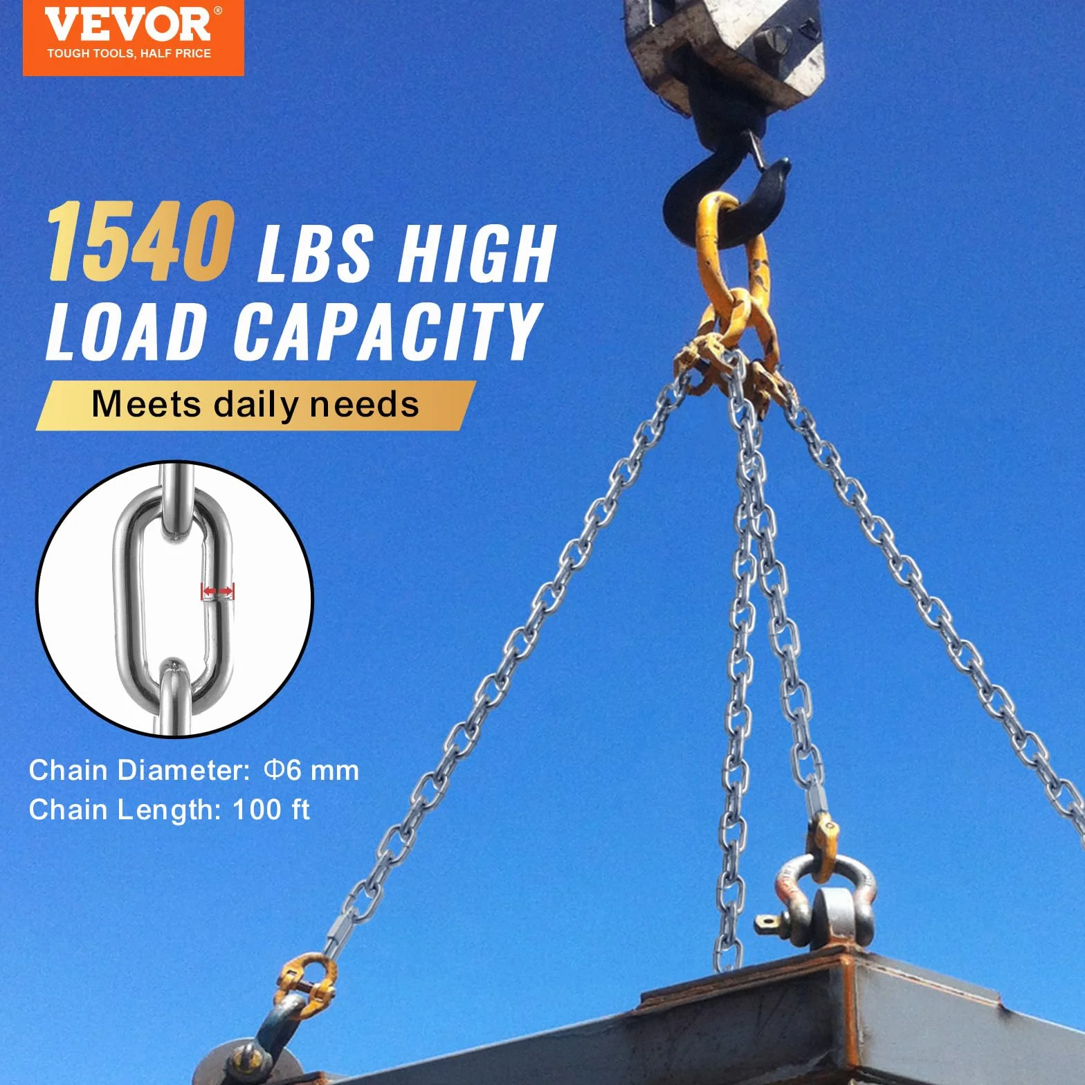 VEVOR Cadena de Eslabones de Acero Galvanizado 6 mm x 30.5 m 698 kg
