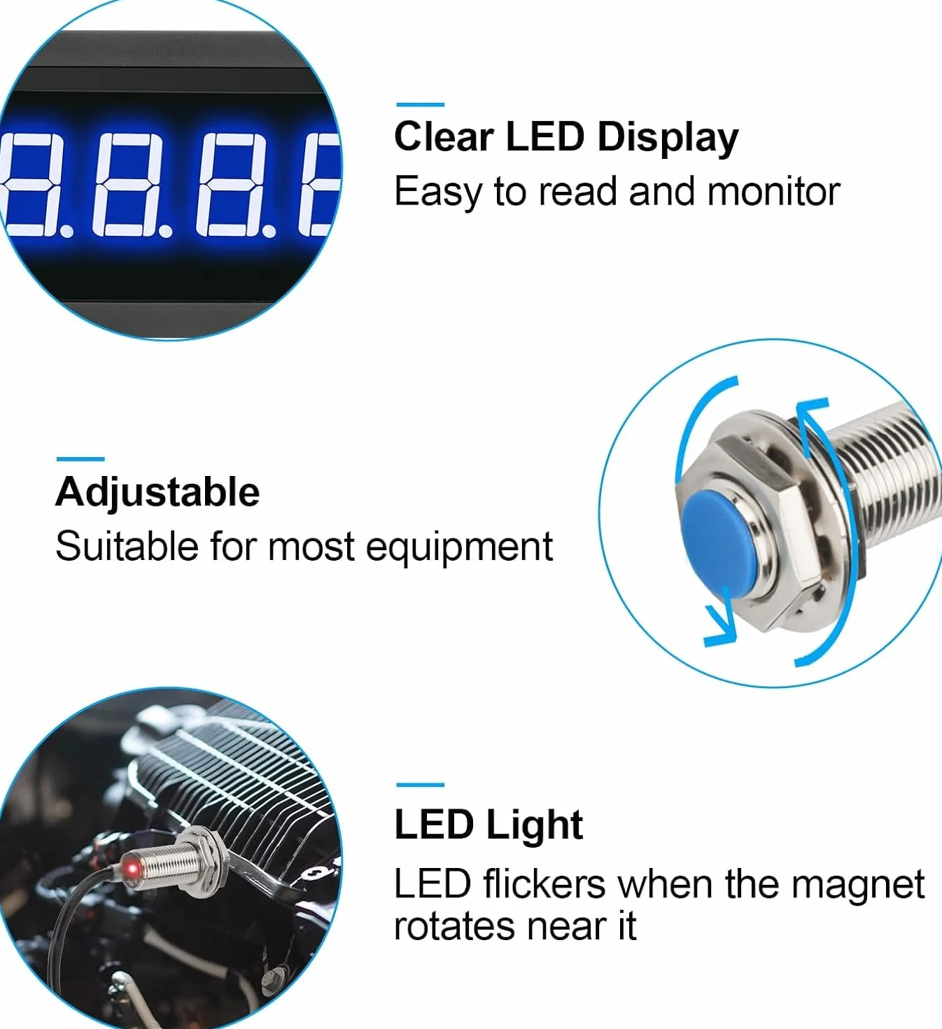 Tacómetro LED Digital 4 Dígitos Medidor Velocidad RPM Sensor Proximidad Hall NPN Entrada NPN/PNP Rango 10-999999RPM Azul