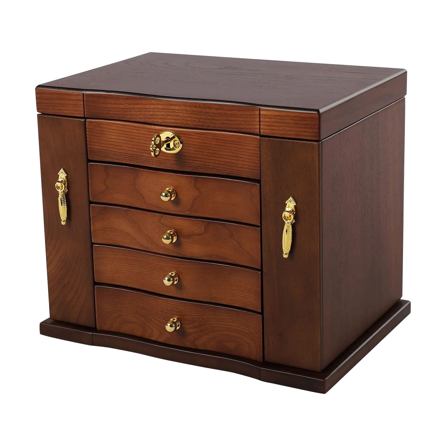 Joyero retro de 5 capas, joyero de madera marrón, organizador para mujeres con espejo y 4 cajones, gran capacidad