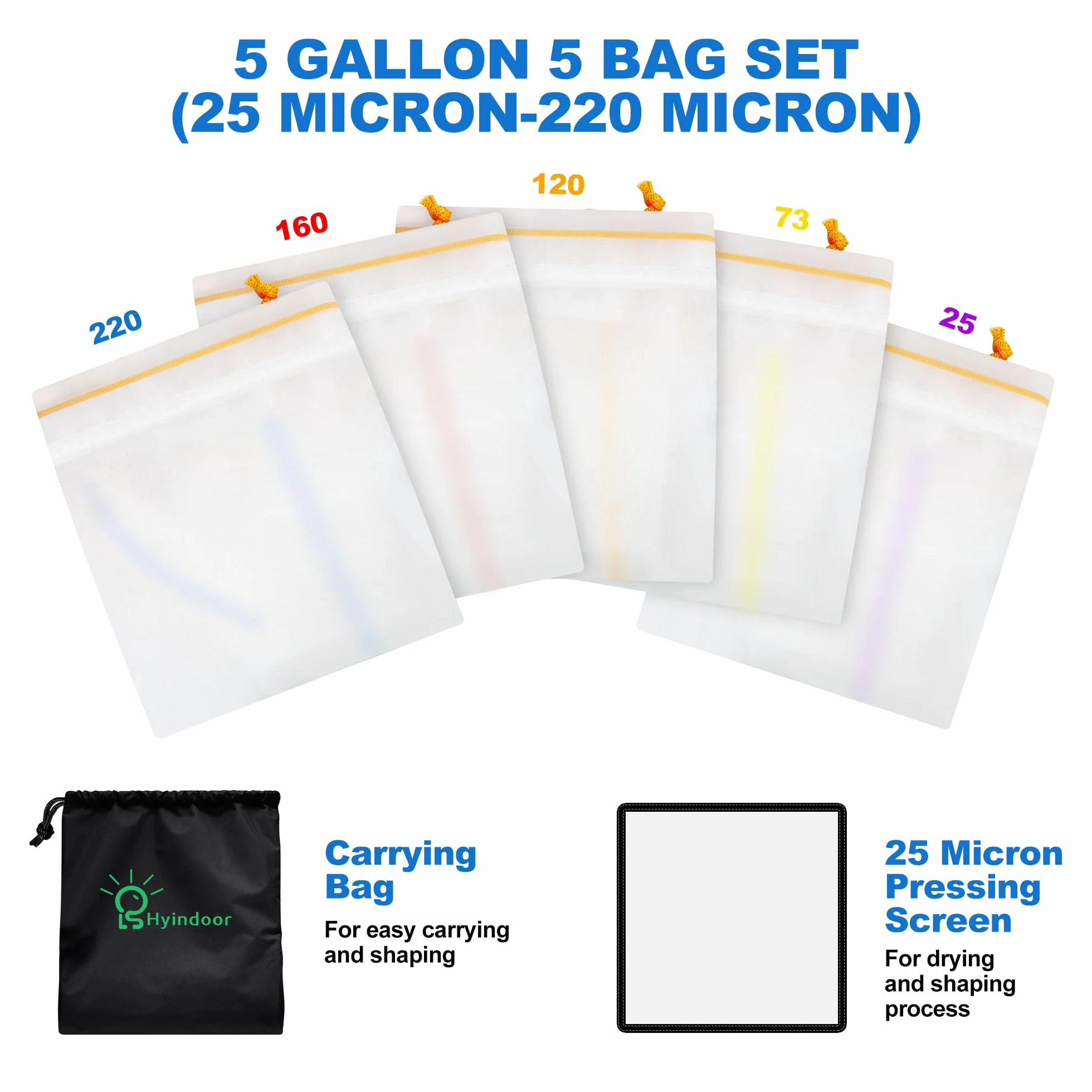 Hyindoor Bubble Bags 5 Gallon Mesh Bags for Hash Making with Filter and Storage Bag