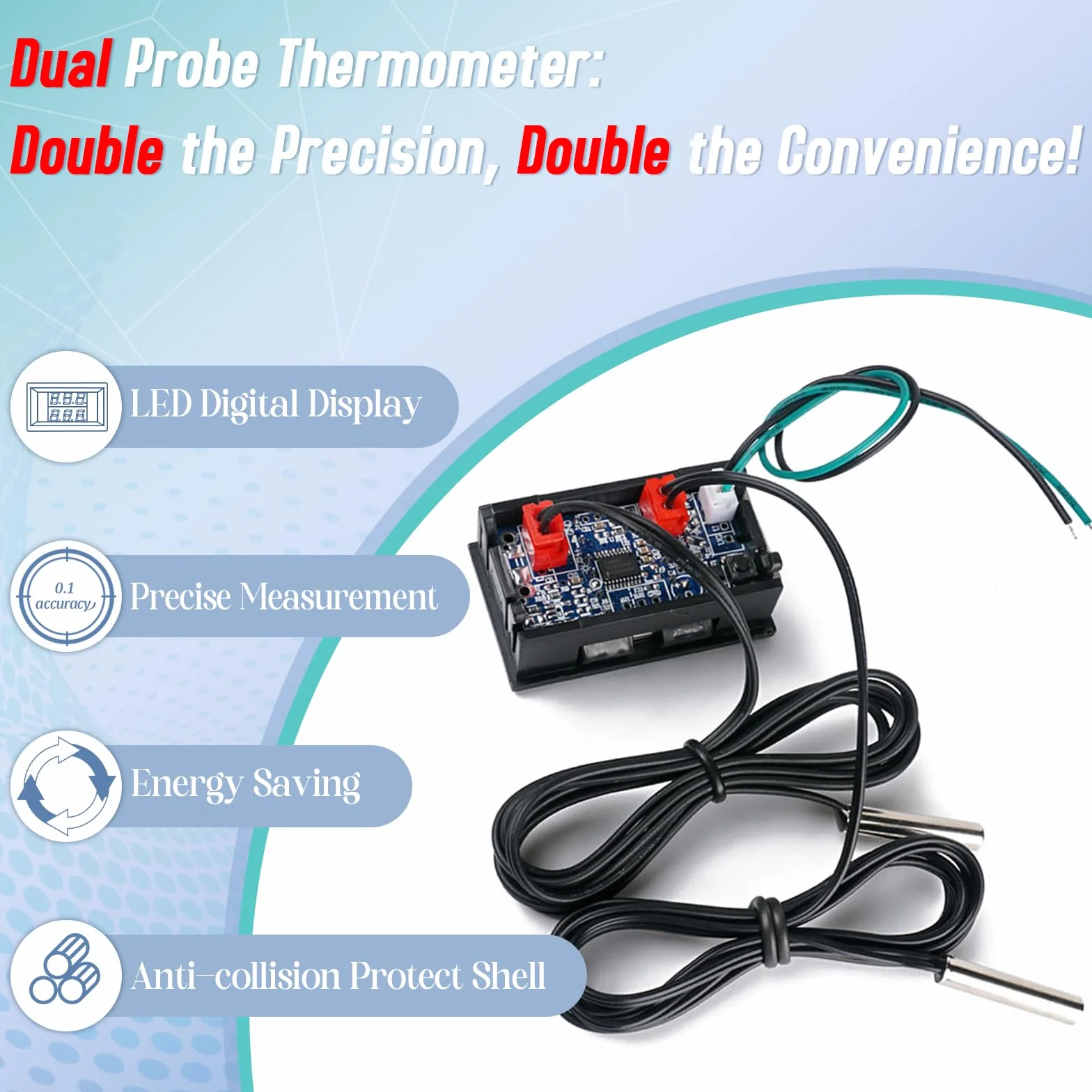 Termómetro Digital Impermeable con 2 Sondas de Metal, DC 4-28V LED Medidor de Temperatura Pantalla Dual -55 a +120°C, Cable 2m Rojo&Azul