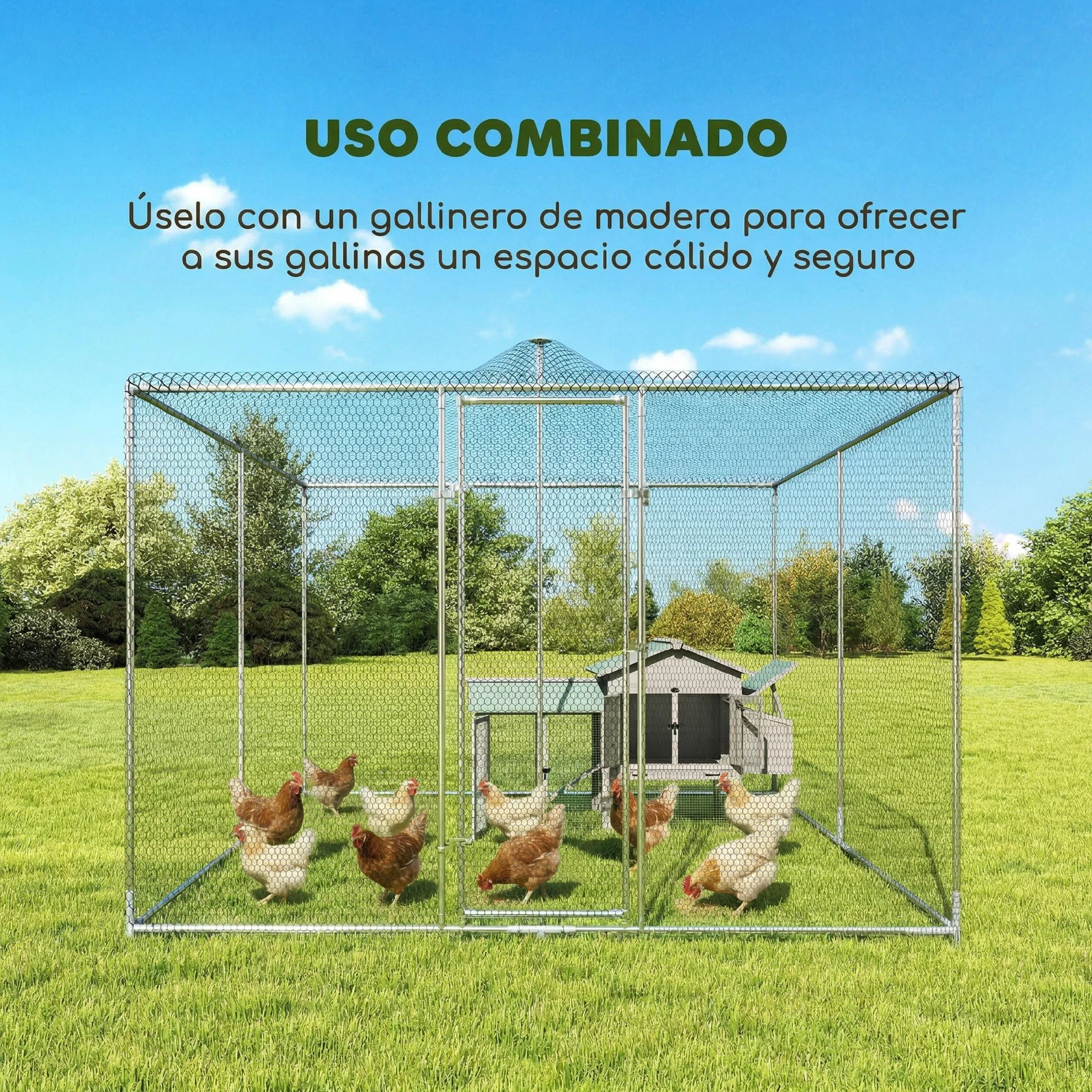 PawHut Gallinero Exterior Grande 4x3x1,97 m 12 m² Acero Galvanizado Puerta Doble Cierre Red PE Resistente Intemperie Walk-In
