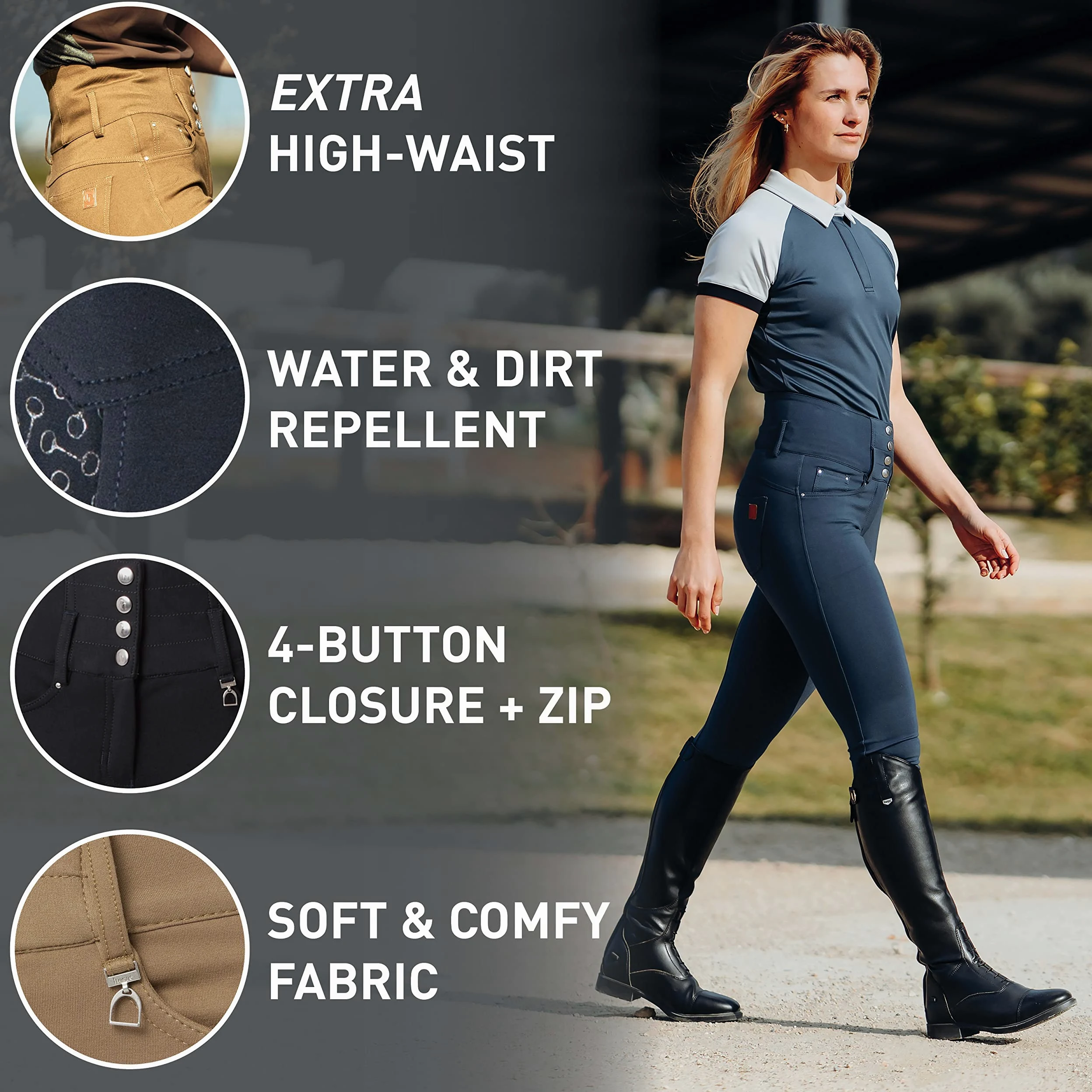 HORZE Pantalones de equitación para Mujer Tara, Cintura Alta, con Ribete Completo de Silicona y Bolsillos