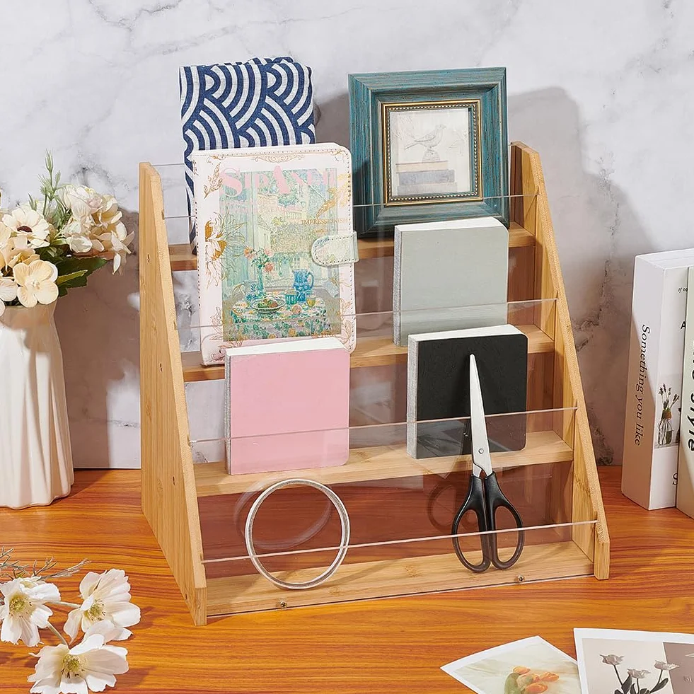 UNICRAFTALE Expositor de 4 pisos para tarjetas de felicitación, soporte de bambú y acrílico