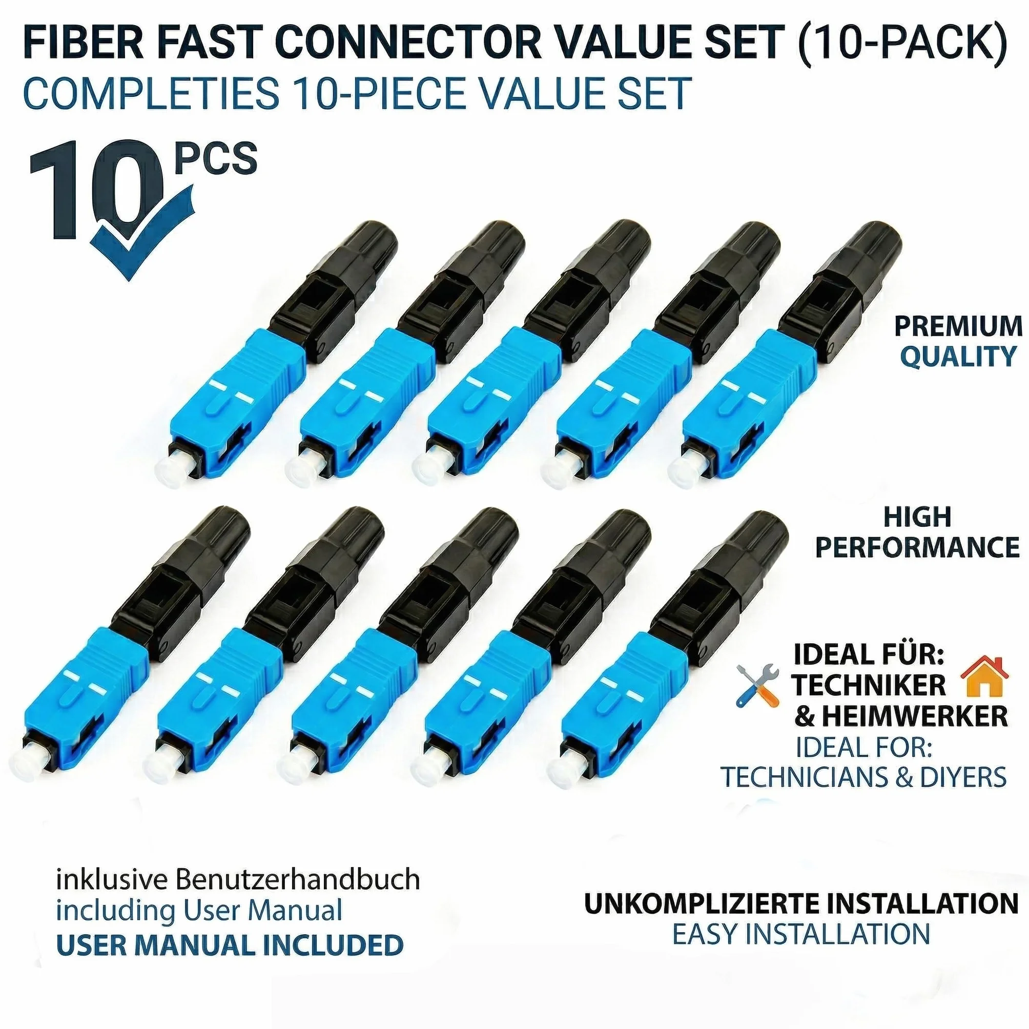 Conector de cable fibra óptica SC UPC azul negro 10 piezas