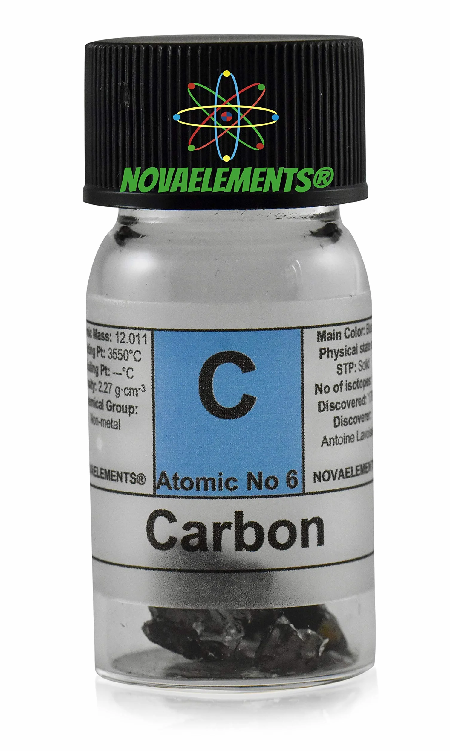Carbono amorfo elemento 6 C sólido 99,9% 1 gramo vial de vidrio