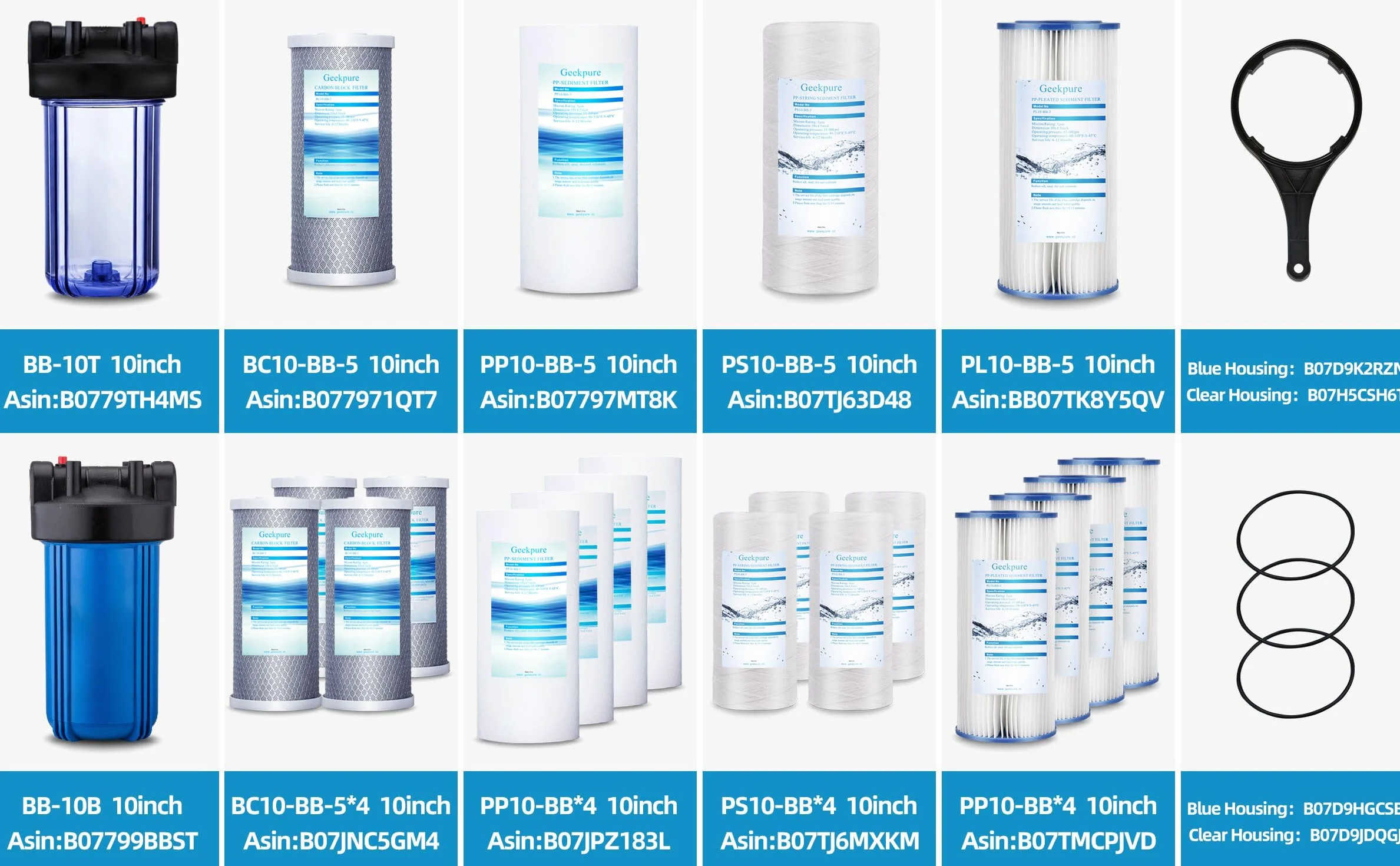 Geekpure Carcasa para filtro de agua 10 x 4,5 pulgadas entrada y salida 1 pulgada con llave y soporte azul