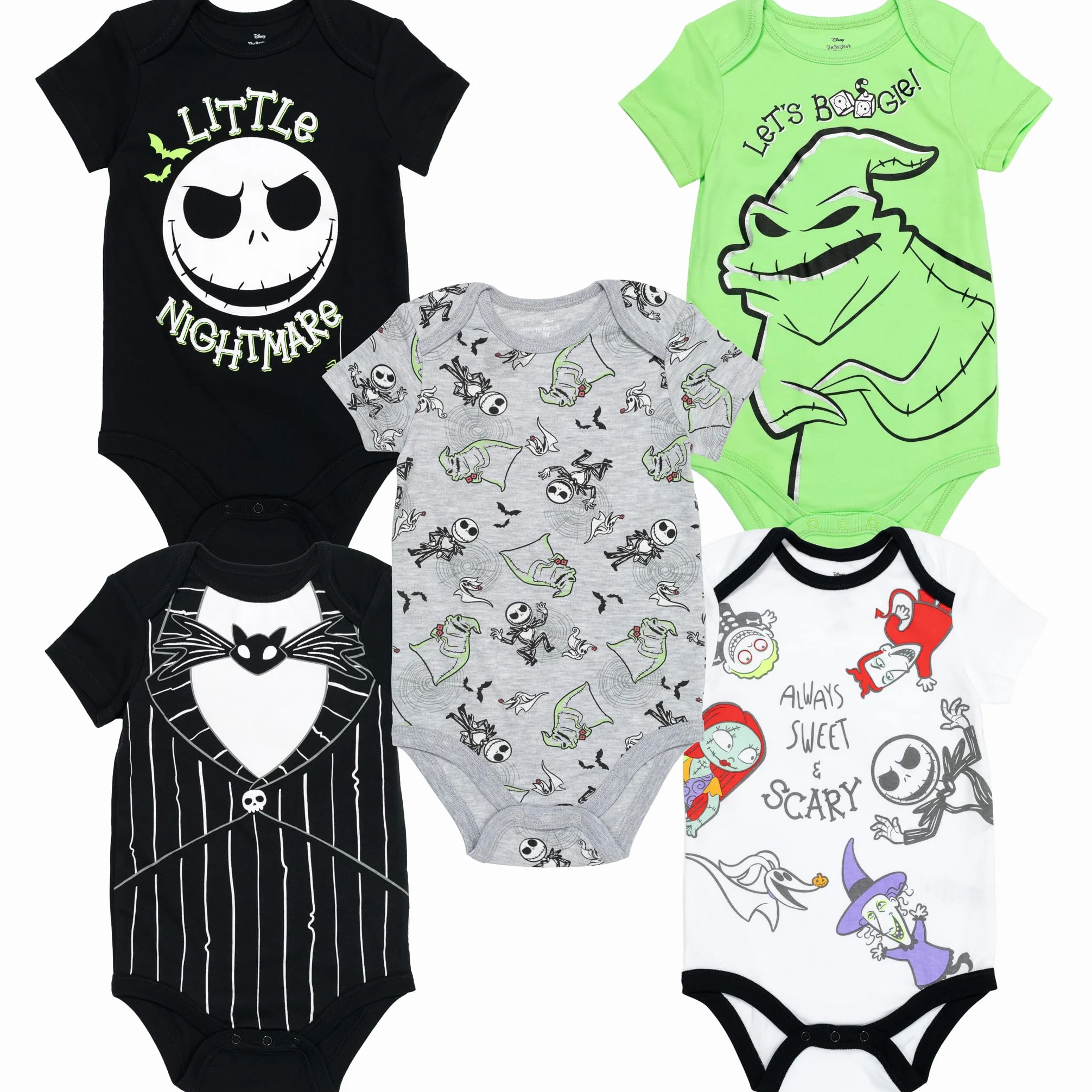 Disney Nightmare Before Christmas Jack Skellington Sally Newborn Baby Boys 5 Pack Bodysuits Multi Newborn