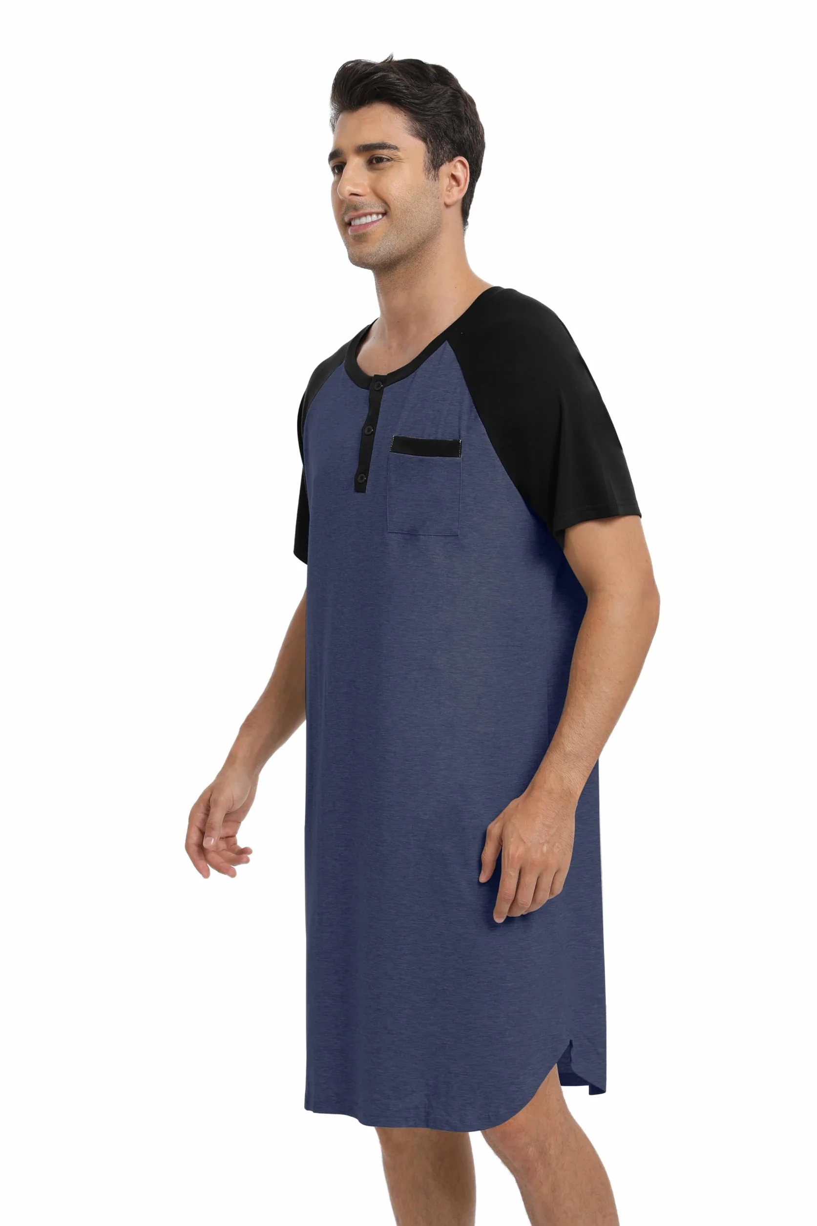Enjoyoself Camisón Hombre Dormir Camisetas de Pijama Algodón Larga Suave Transpirable Camisa de Noche de Manga Corta Camison Hospital Ropa de Dormir para Descansar