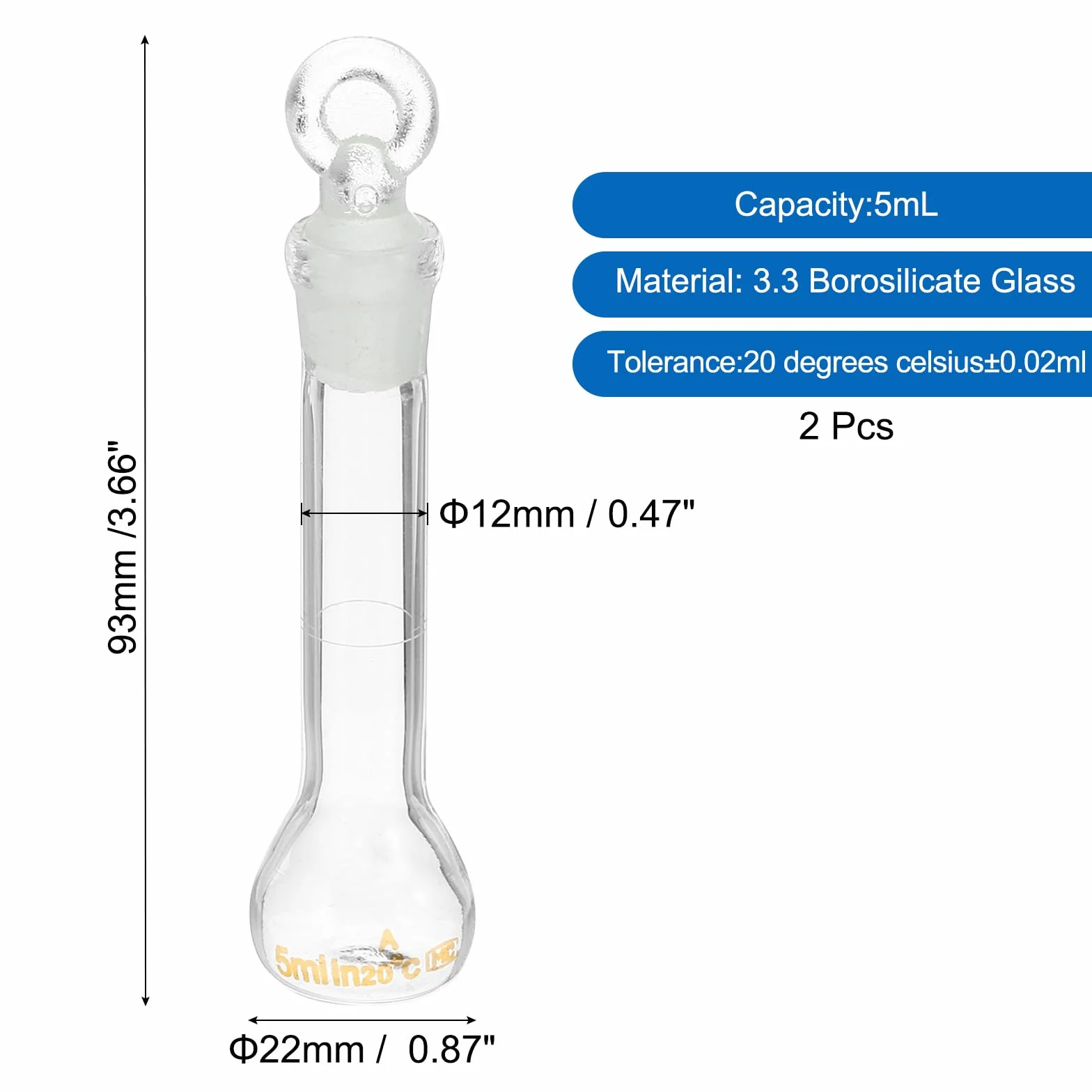 PATIKIL Matraz Volumétrico 5 ml, 2 Unidades, Vidrio Borosilicato 3.3 con Tapón de Vidrio, Tolerancia 0.21 ml
