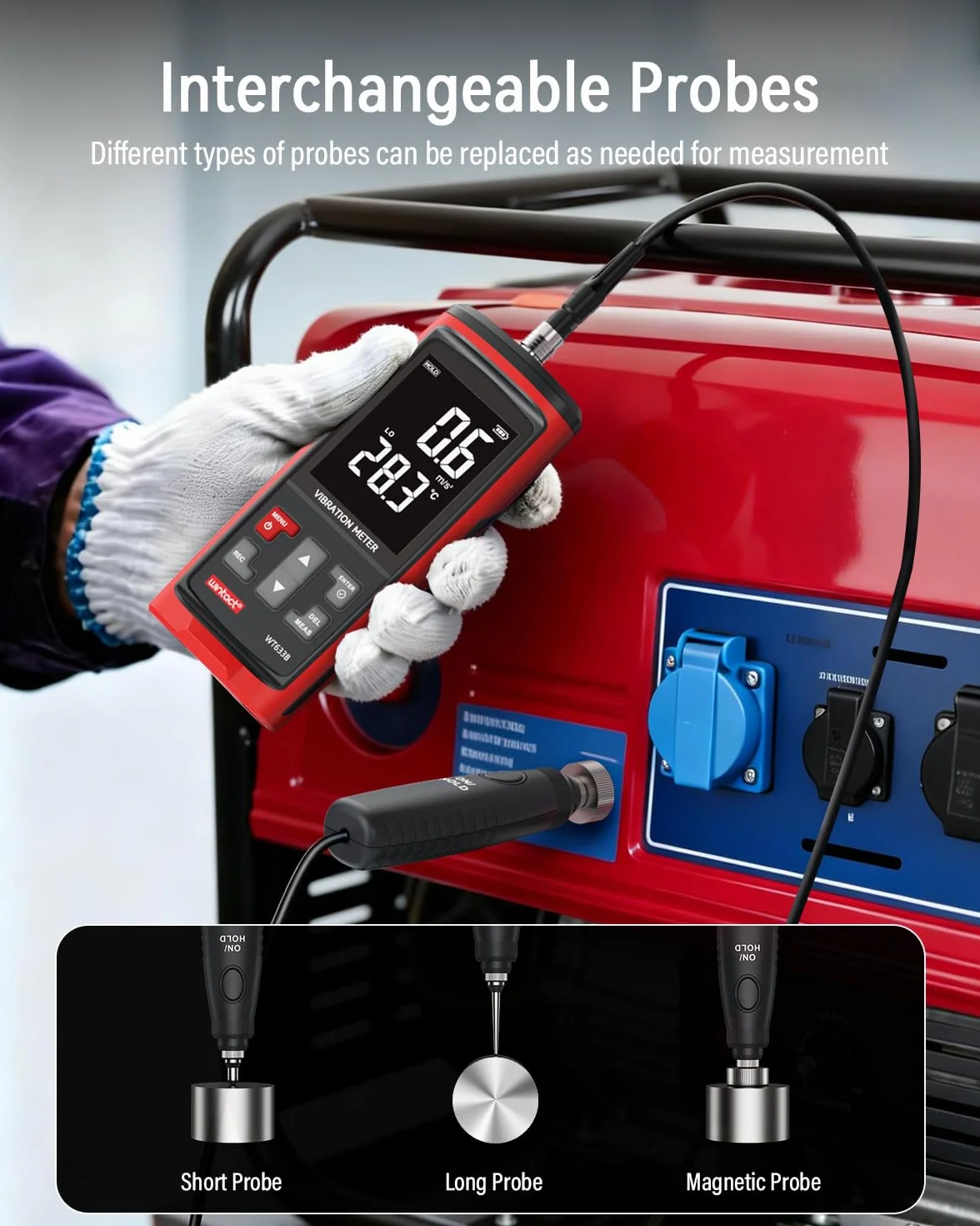 Vibrómetro Wintact WT633B, análisis de vibración mecánica, aceleración, velocidad, desplazamiento, temperatura