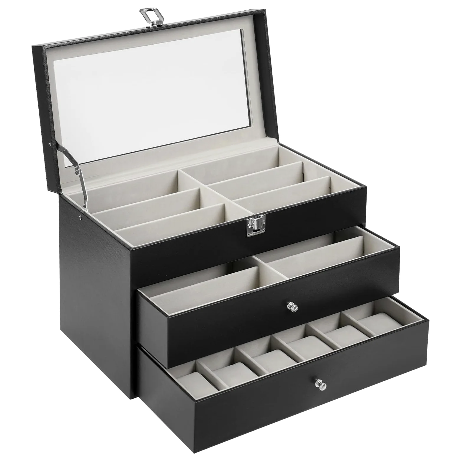 Caja para relojes de 3 niveles con 24 ranuras – Joyero, estuche para gafas y estuche de almacenamiento para relojes, gafas, joyas, anillos y más