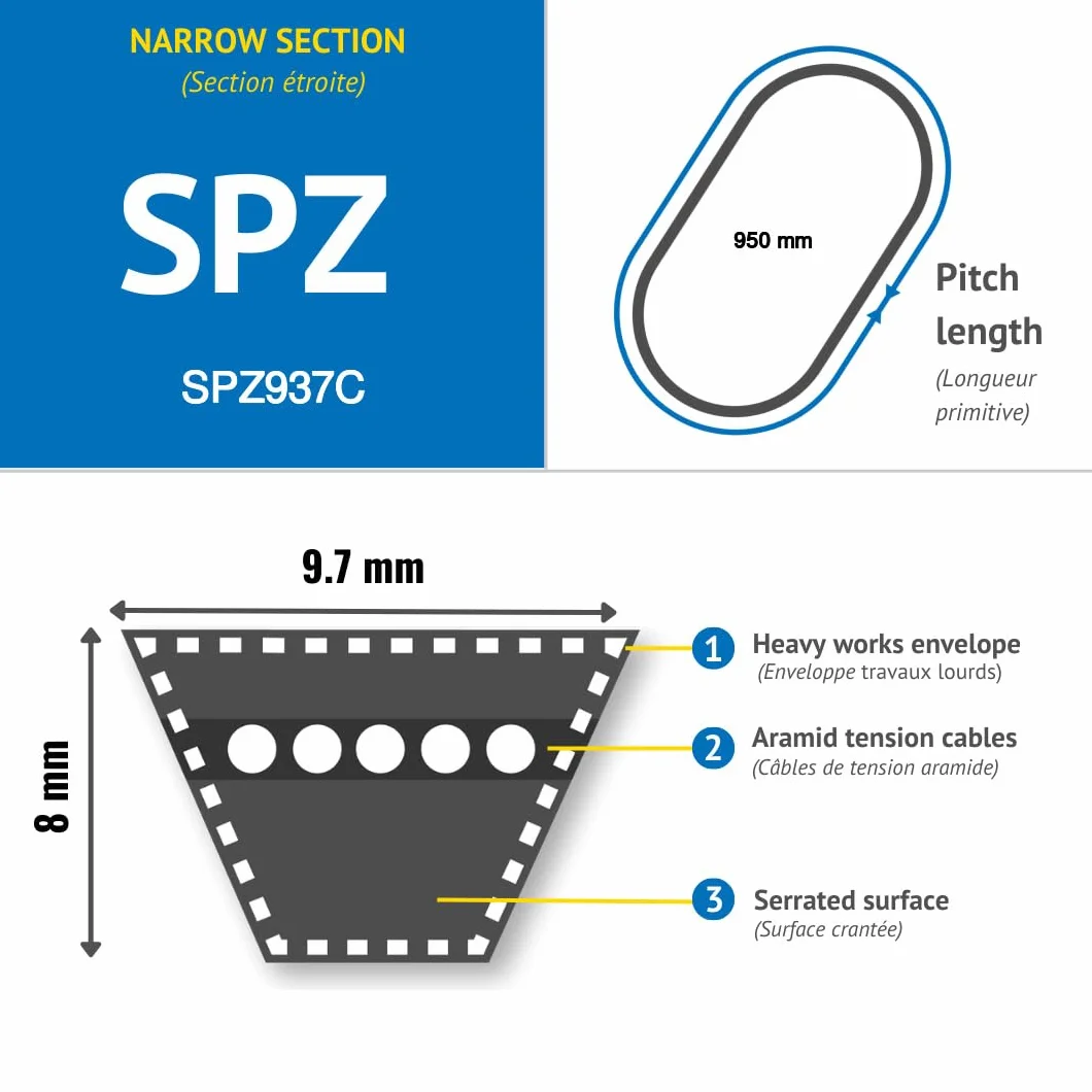 Correa SPZ estrecha 9,7mm x 8mm SPZ937C Longitud básica 937 mm