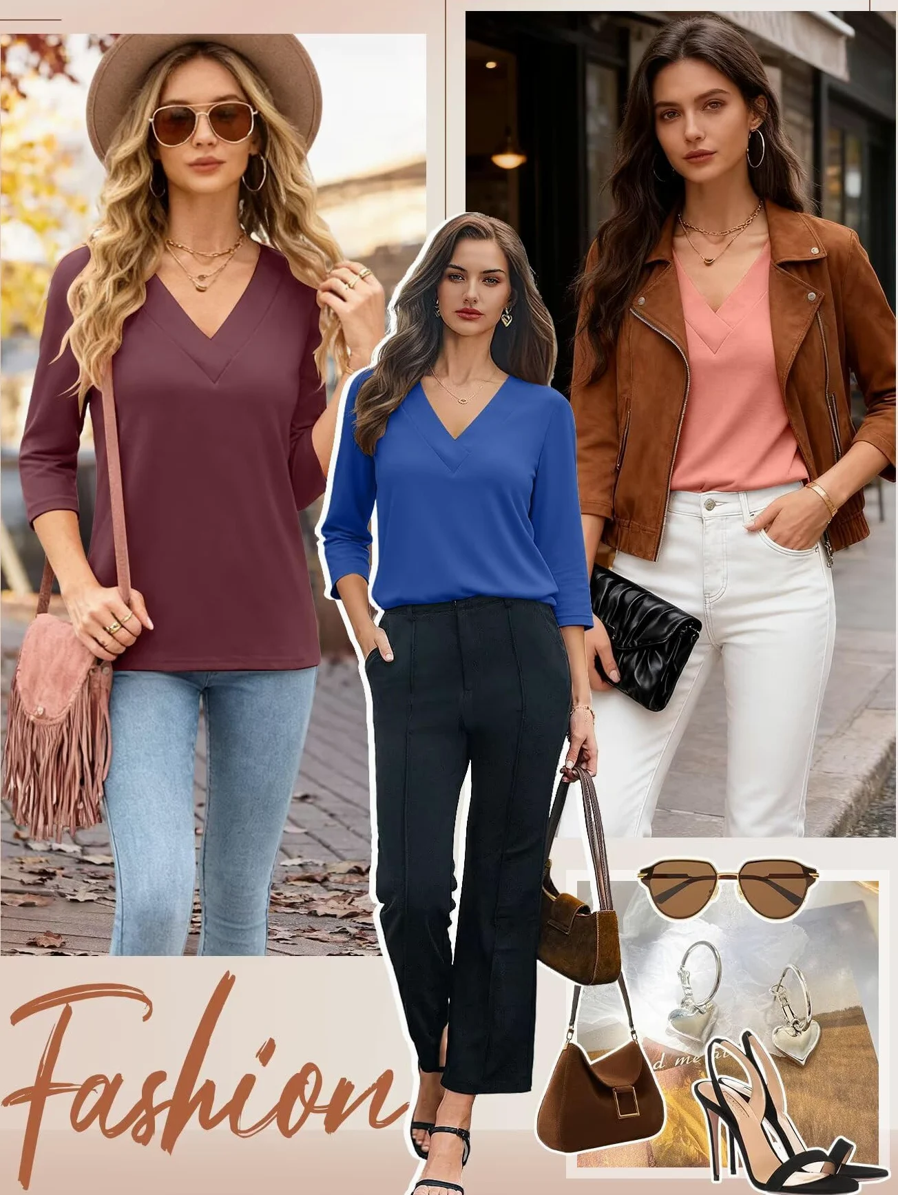 Bliwov Camisetas de otoño para mujer, cuello en V, manga 3/4, ajuste holgado, suave, talla grande, ropa de negocios, casual, playa, camisetas de gran tamaño
