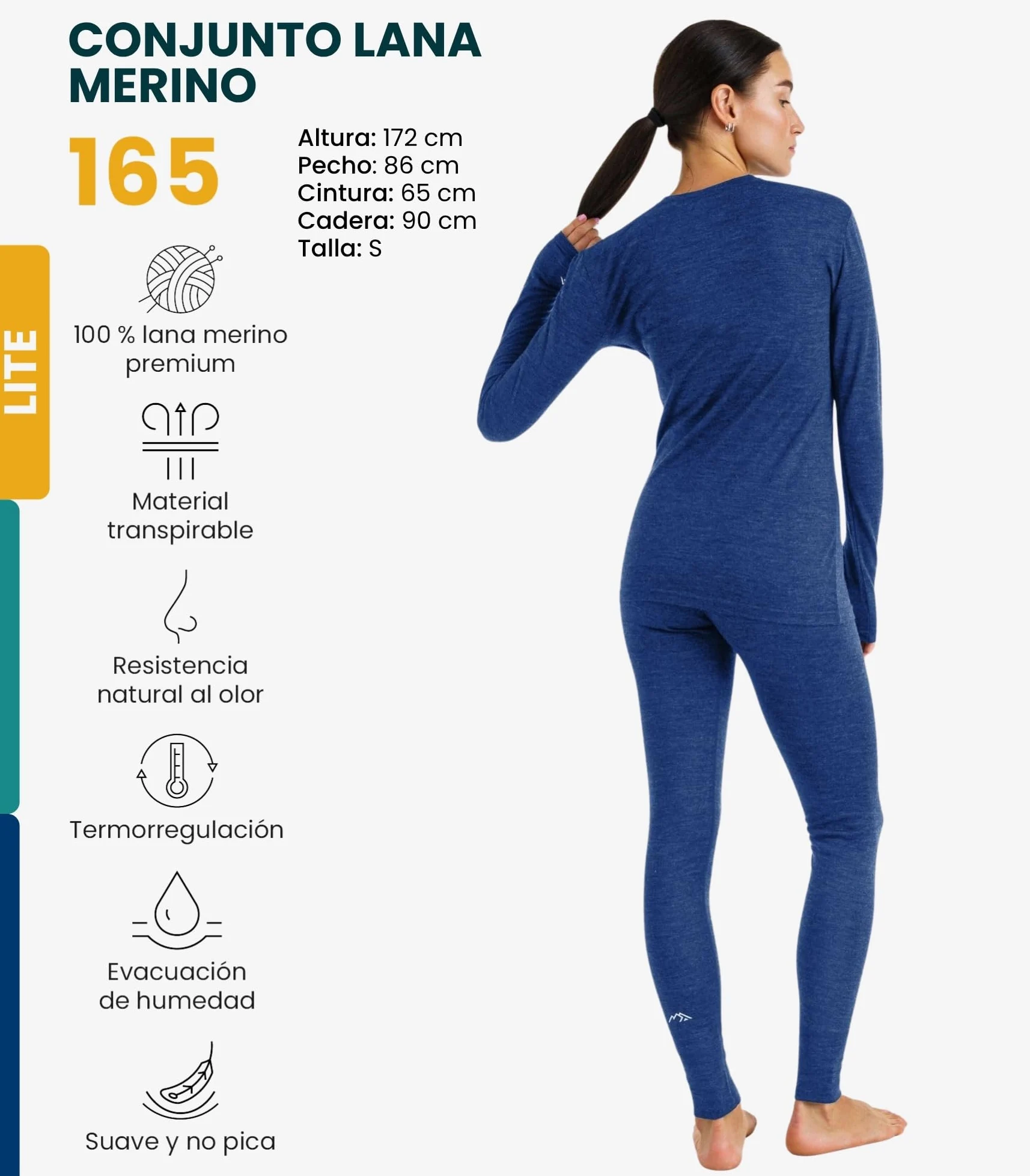 Merino.tech Conjunto Lana Merino Mujer - Termica Lana Merino con Calcetines (X-Large, 165 Lite Windsor Blue)