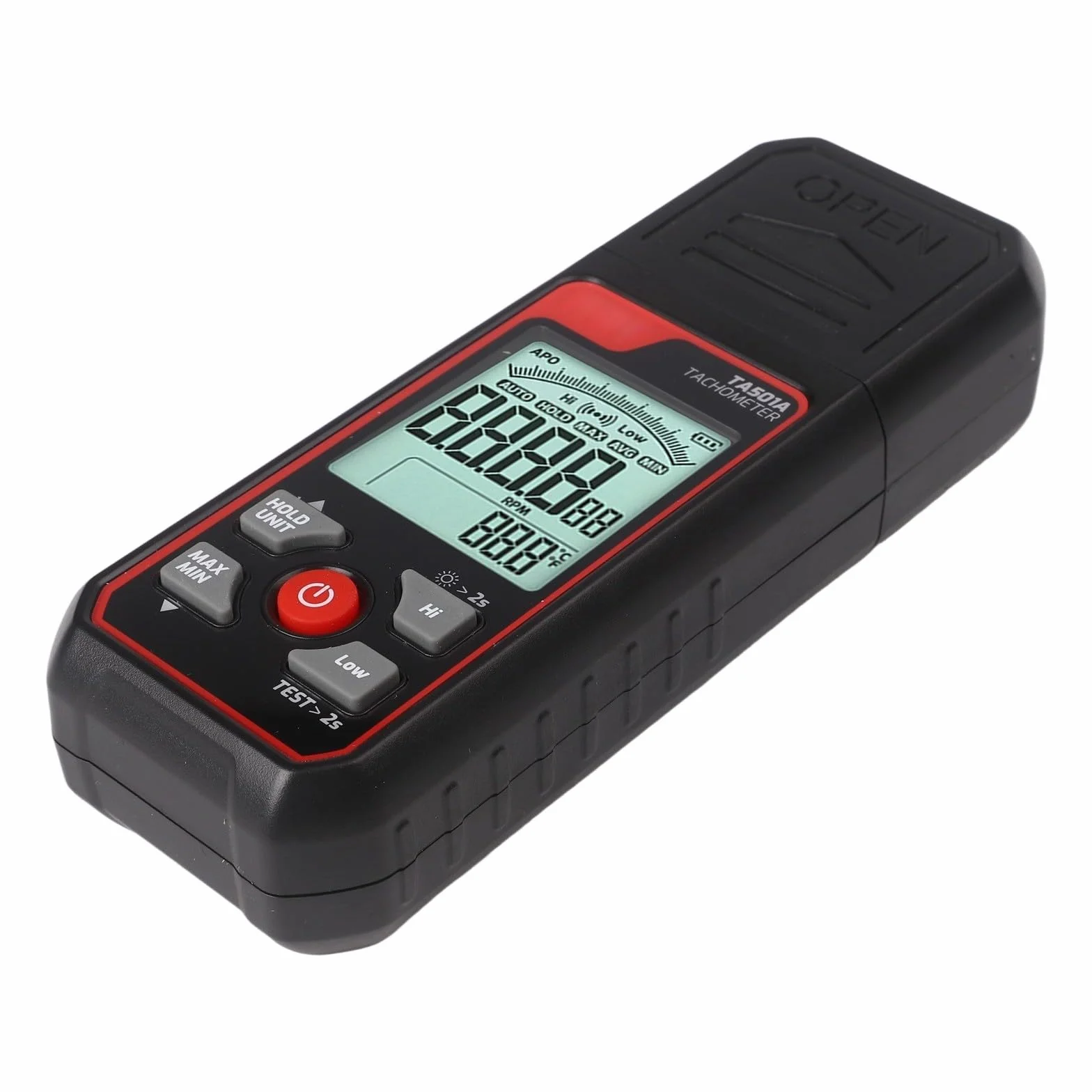 Tacómetro digital TA501A medidor de RPM fotoeléctrico sin contacto 25-99999RPM retroiluminación LCD bloqueo de datos máx/mín/prom alarma motor ventilador prueba