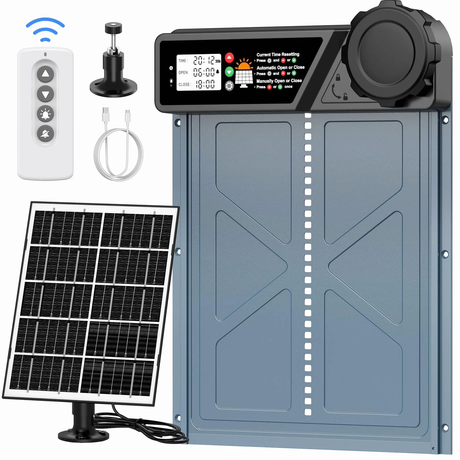 CHAMUTY Puerta automática para gallinero solar con temporizador, panel solar 7W, LCD, mando a distancia