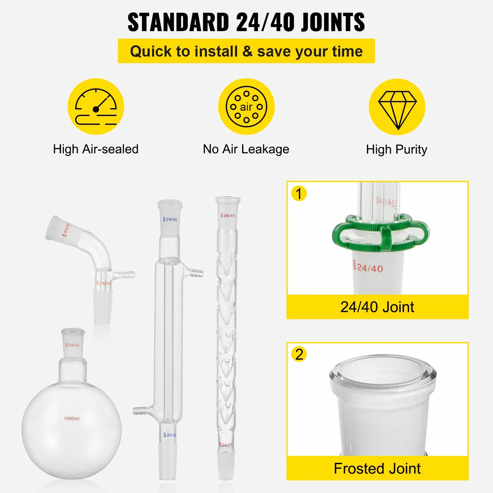 VEVOR Kit de Destilación de Laboratorio de Vidrio Boro 3.3, 1000 ml, 29 Piezas, con 24 y 40 Compuestos