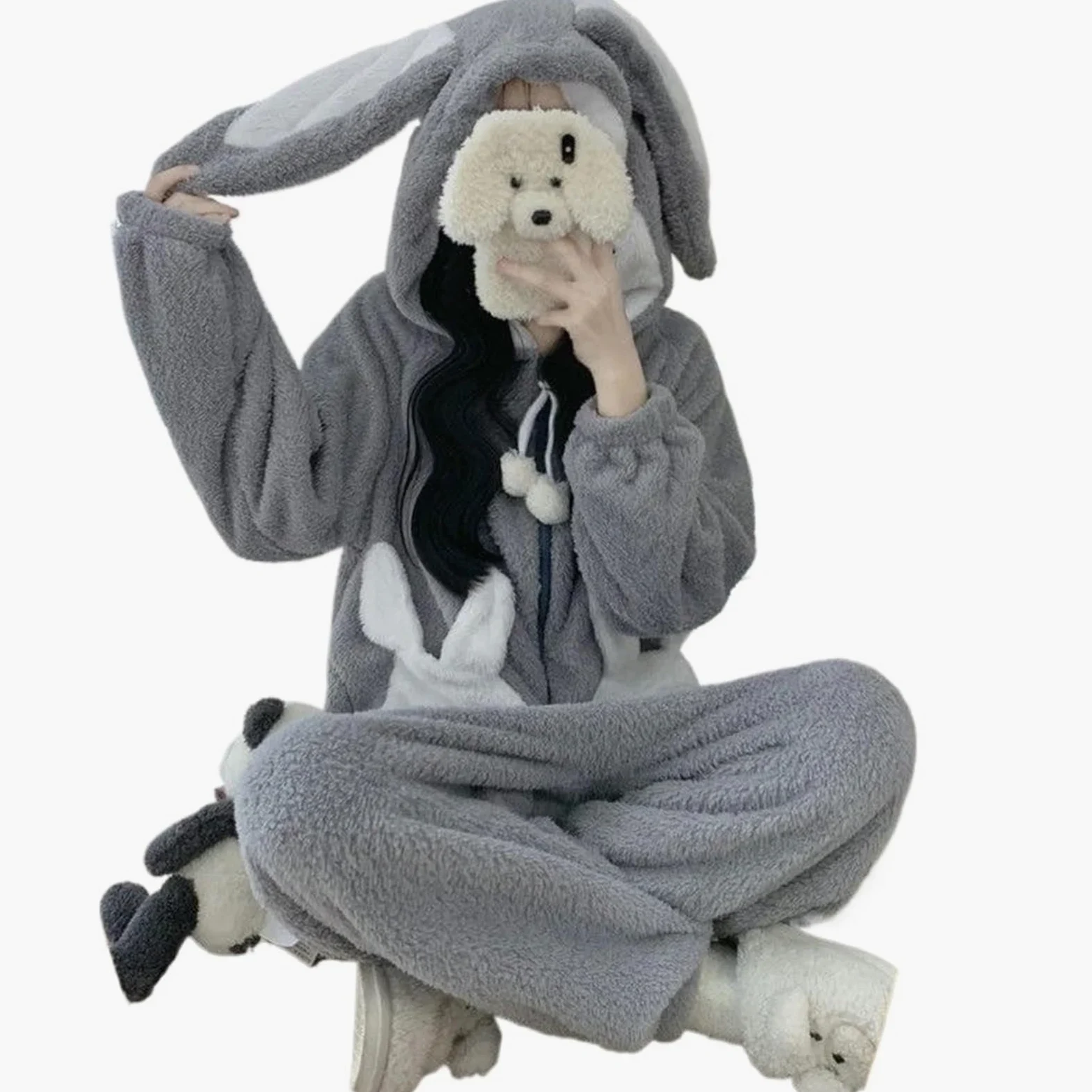 Monos con Capucha de Conejito for Mujer, Lindos Pijamas Kawaii, Ropa de Dormir cálida de Invierno, Ropa de Dormir de Dibujos Animados de Animales, Acogedor con Bolsillos(XL)