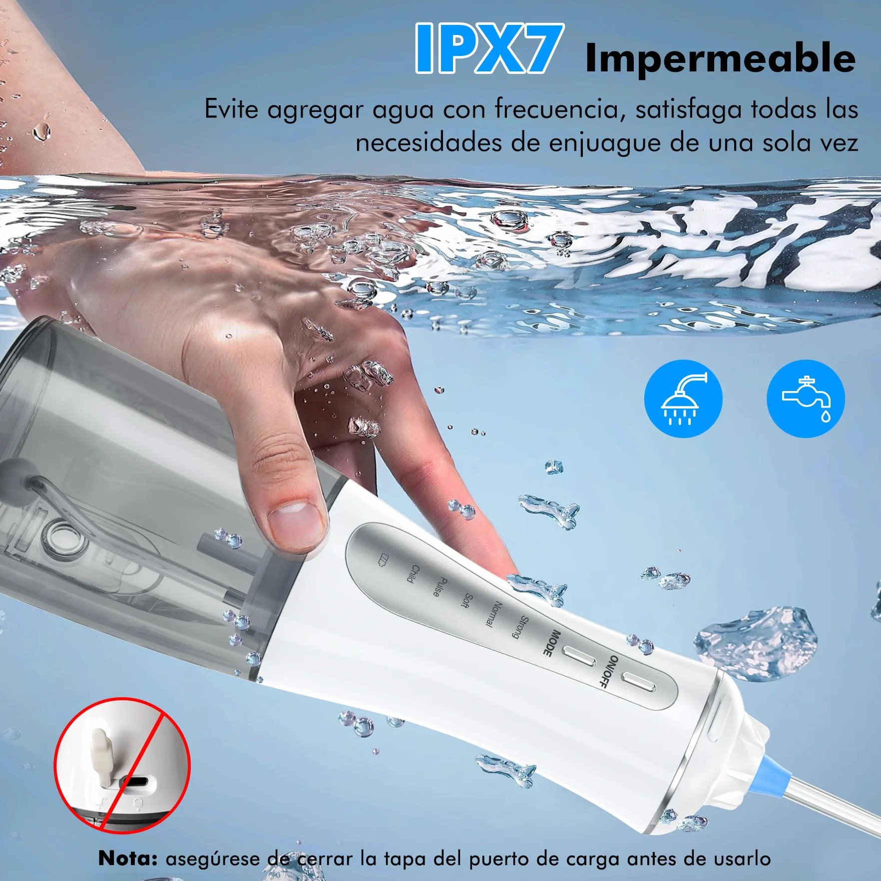 Irrigador Dental Portatil Profesional Inalámbrico 5 Boquillas 4 Modos IPX7 USB-C Recargable