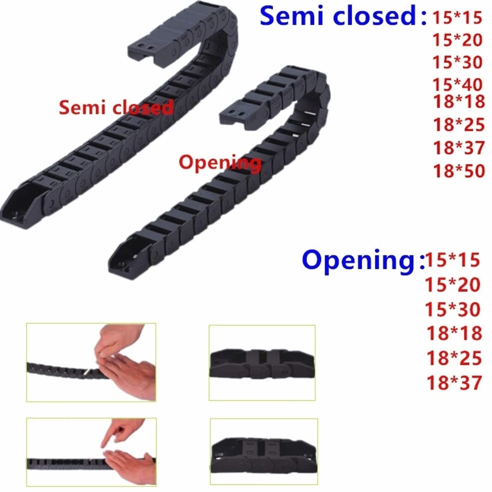 Cadena Portacables 15x15 15x20 15x30 15x40 R38 18x18 18x25 18x37 18x50 mm con Conector Final