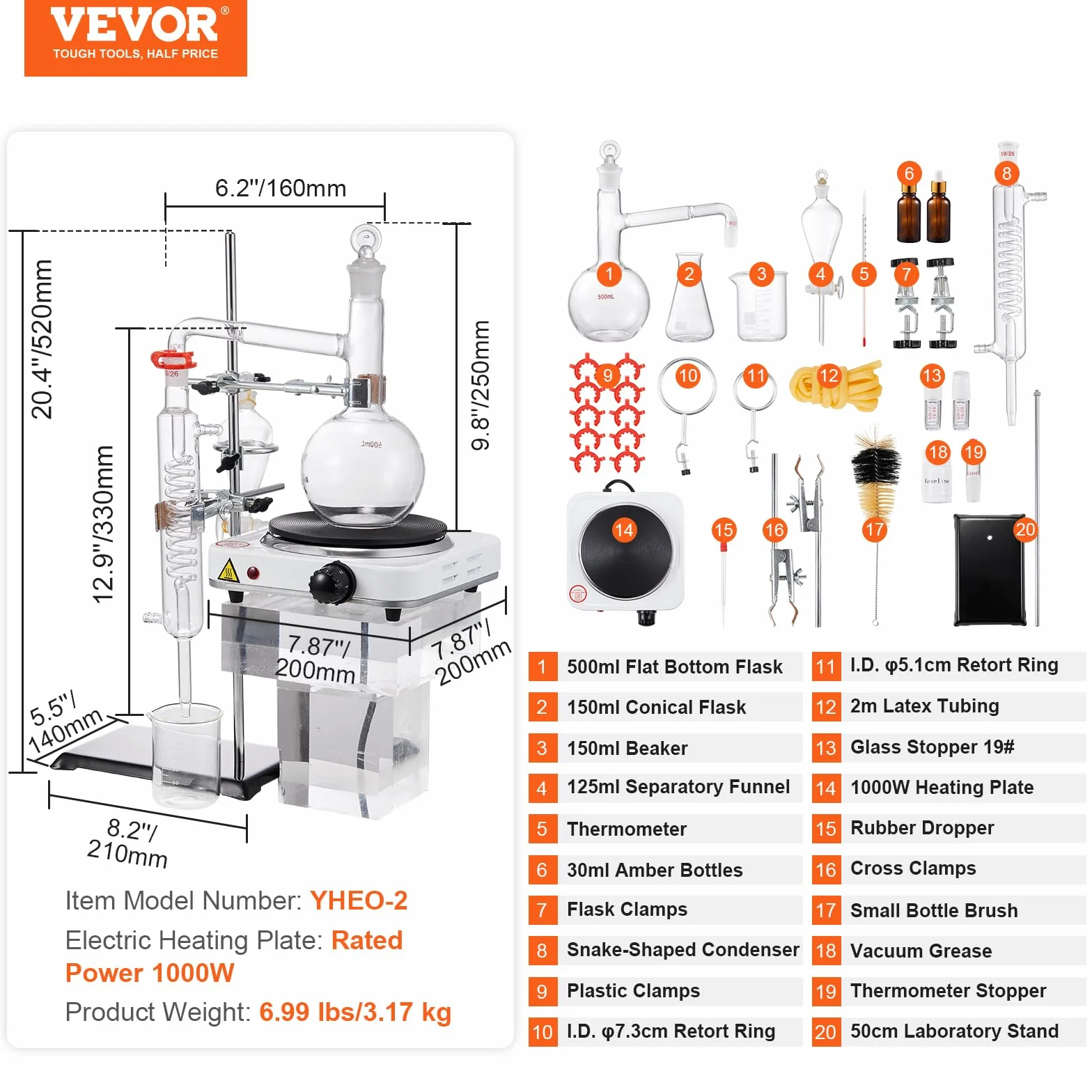 VEVOR Kit de destilación de aceite esencial de 33 piezas, 500 ml, Boro 3.3, placa calefactora 1000 W, junta 24/40