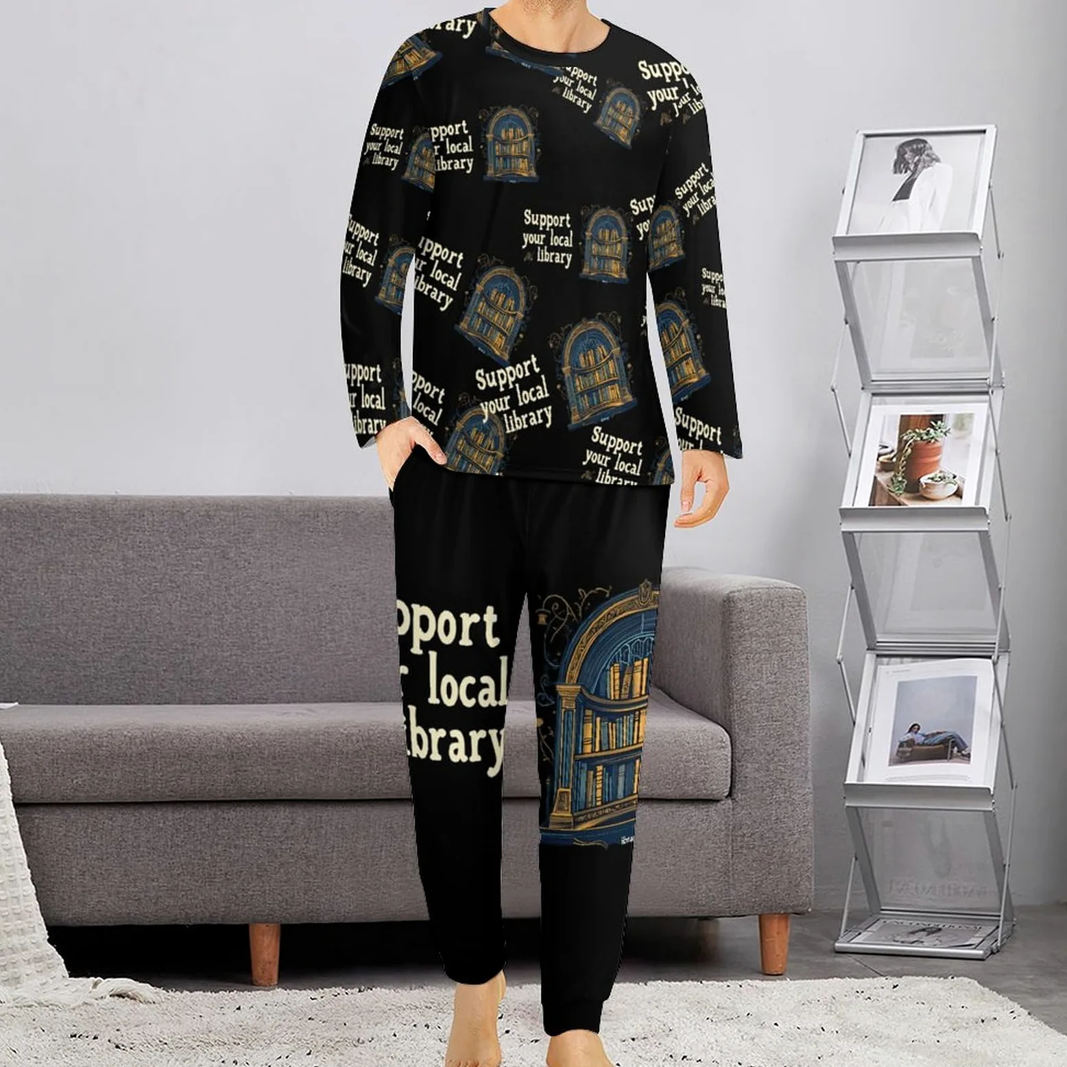 Support Your Local Library - Conjunto de pijama para hombre, cuello redondo, ropa de descanso larga, 2 piezas