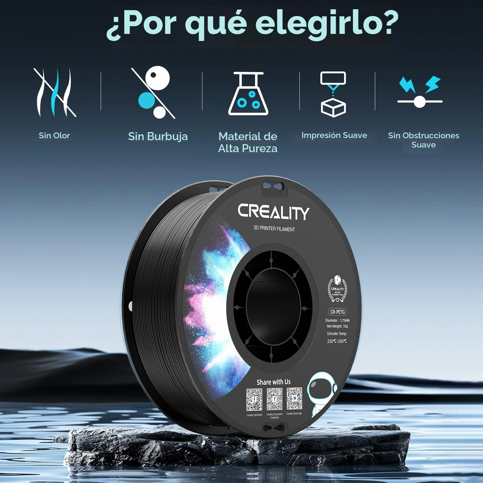 Creality PETG Filamento 1.75mm 1kg Negro para Impresora 3D FDM Alta Precisión Dimensional +/- 0,02 mm